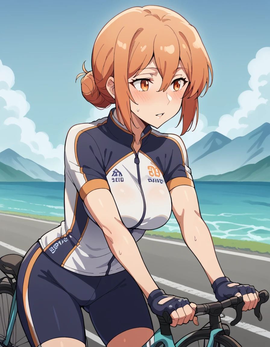 score_9, score_8_up, score_7_up, source_anime, <lora:mother-yuigahama-s2s3-ponyxl-lora-nochekaiser:1>, yuigahamama, hair bun, mature female, orange eyes, orange hair, short hair, single hair bun, hair between eyes, sidelocks, large breasts, <lora:cycling-uniform-ponyxl-lora-nochekaiser:1> cycling uniform, bicycle, bike jersey, bike shorts, biker clothes, fingerless gloves, gloves, road bicycle, short sleeves,, road, mountains, ocean, blue sky, clouds, bent over, parted lips, sweat, steam, blush, cowboy shot,