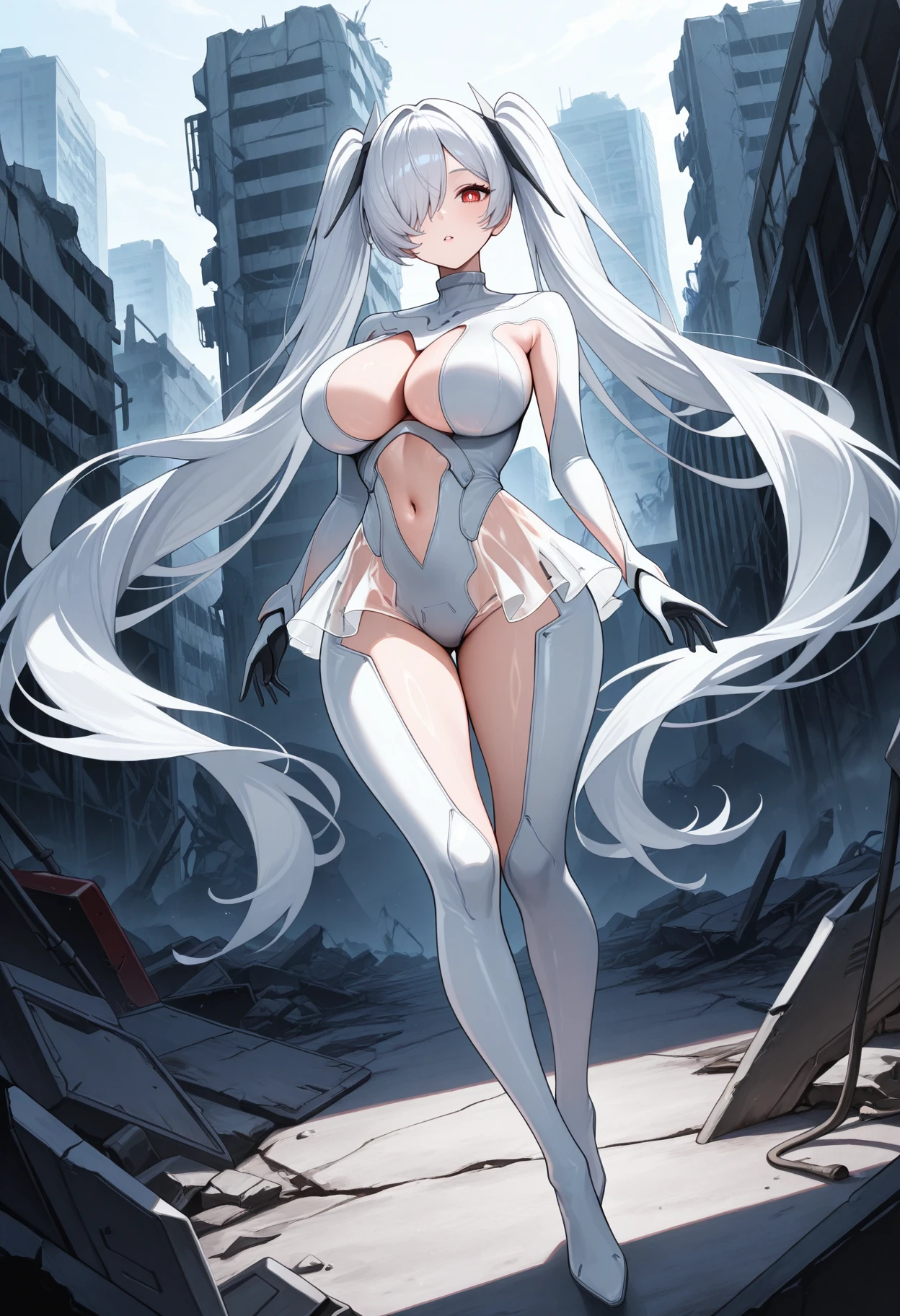 masterpiece, best quality, absurdres, highres, newest, 1girl, solo, <lora:cinderella-nikke-richy-v1_ixl:1> cindef, red eyes, white pupils, white hair, twintails, very long hair, hair over one eye, one eye covered, hair ornament, large breasts, white bodysuit, long sleeves, cleavage, clothing cutout, see-through skirt, navel, thighs, two-tone gloves, looking at viewer, parted lips, outdoors, science fiction, post-apocalypse, full body, floating hair