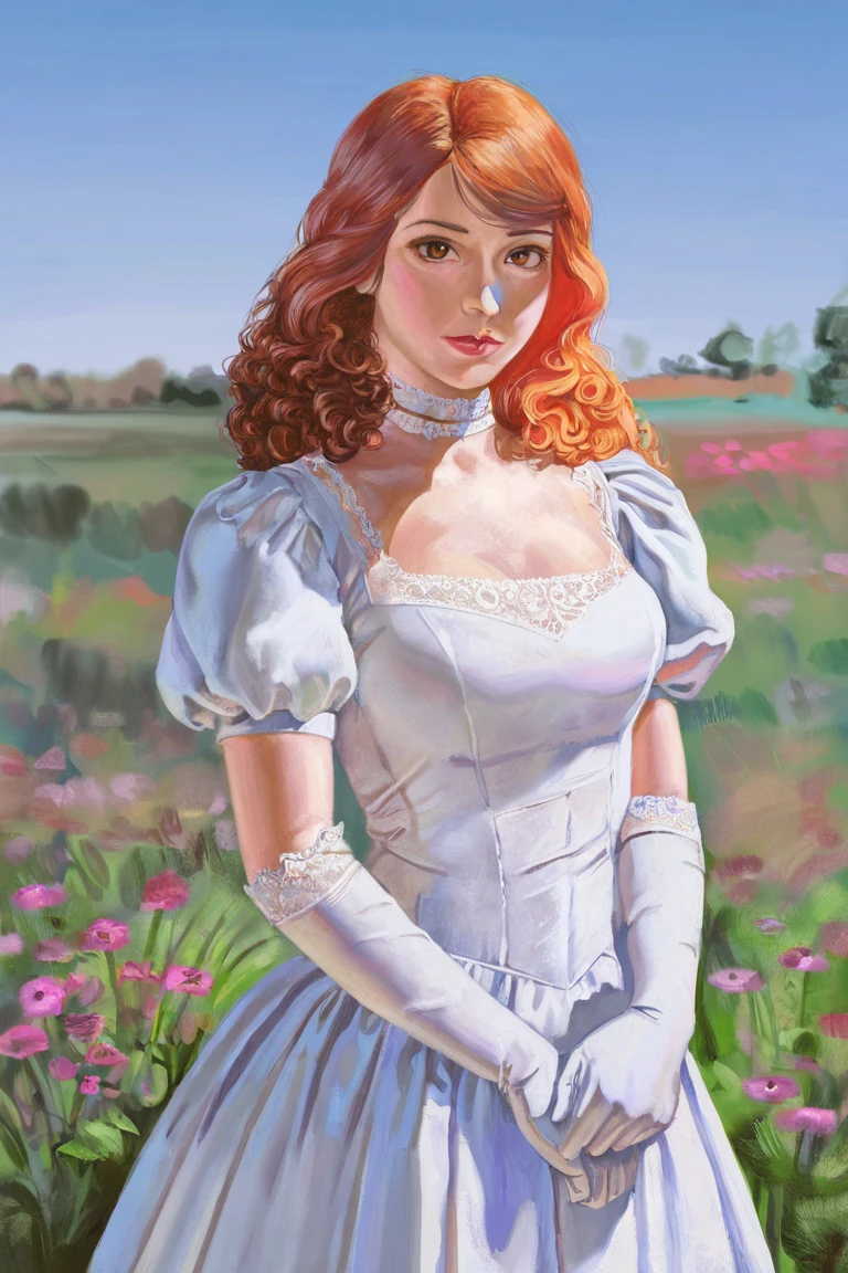 masterpiece, best quality, highres, newest, dreampainting, traditional media, realistic, 1girl, solo, medium hair, curly hair, wavy hair, orange hair, swept bangs, brown eyes, lips, lipstick, looking at viewer, medium breasts, choker, medium dress, white dress, lace trim, puffy sleeves, puffy short sleeves, short sleeves, gloves, elbow gloves, white gloves, hand up, cowboy shot, closed mouth, standing, outdoors, field, flower, grass, plant, sky <lora:Dream Painting [LoRA] - NoobAI-XL EPS 1.0:0.8>