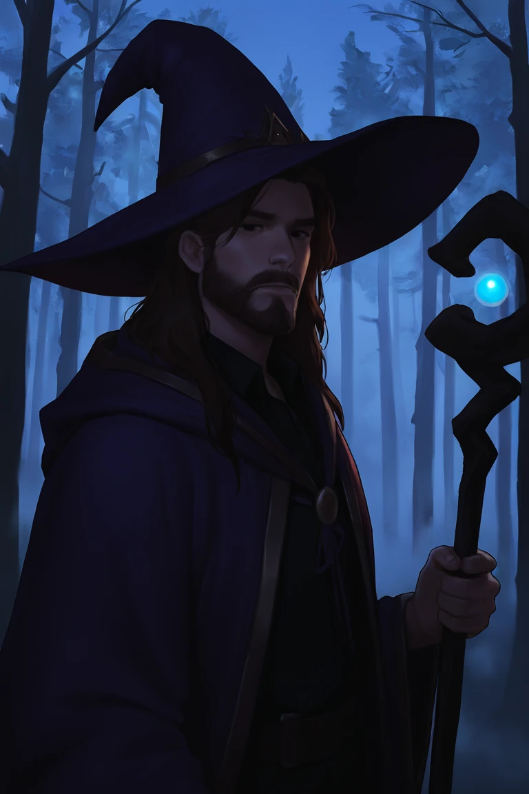 masterpiece, best quality, highres, newest, low light, dark, 1boy, solo, male focus, mature male, wizard, long hair, brown hair, black eyes, looking at viewer, hat, facial hair, beard, mustache, staff, wizard hat, purple hat, black shirt, collared shirt, robe, purple robe, hooded cloak, holding, holding staff, upper body, closed mouth, standing, outdoors, forest, nature, tree, fog, dark background <lora:NAI3 Smooth Boys - Low Light [LoRA] - NoobAI-XL EPS 1.0:0.8>