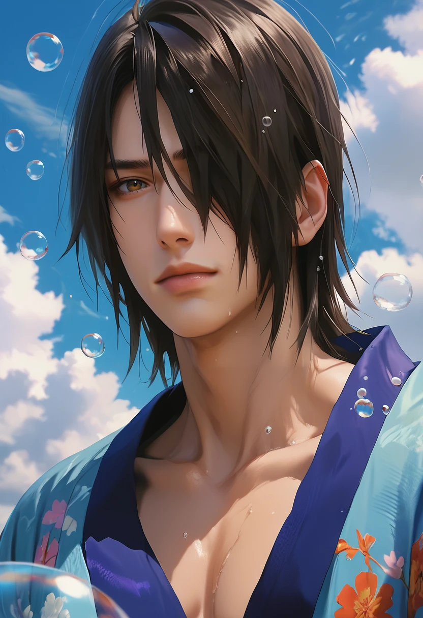 (masterpiece), (best quality), score_9, score_8_up, score_7_up, (masterpiece:1.2), (best quality:1.3), 1boy, portrait, muscular, bubble, <lora:Utakata_Naruto:0.75> utkt_spd, clouds, facing viewer, upper body, kimono, hair over one eye, masterful composition, dynamic movement