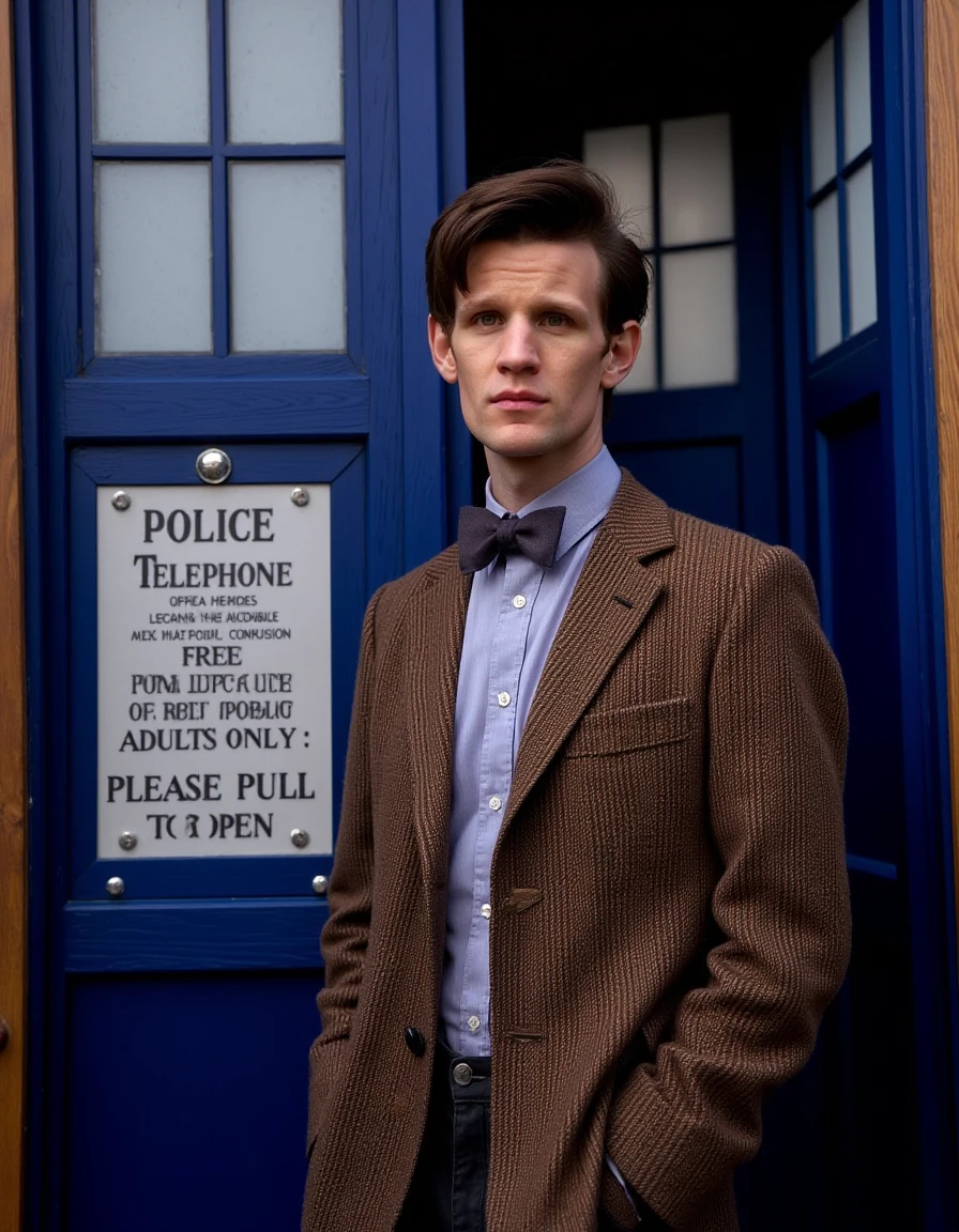 <lora:Matt_Smith_Flux:1> This photograph features a man standing in front of a classic blue police box, a well-known feature from the television series "Doctor Who." The man is positioned slightly to the right of the center of the image. The man has short, neatly styled brown hair and is wearing a classic, brown tweed blazer with a subtle checkered pattern. Underneath the blazer, he has on a light blue dress shirt with a button-down collar, which is slightly visible. He accessorizes with a dark gray bow tie. The man appears relaxed, with his hands casually placed in his pockets.
The blue police box behind him is a prominent feature of the image. It has a wooden frame with a deep blue door and a small window with a white grid pattern. A sign attached to the door reads "POLICE TELEPHONE FREE FOR USE OF PUBLIC ADULTS ONLY PLEASE PULL TO OPEN." The sign is white with black text, and it is affixed to the door with a small metal bracket.