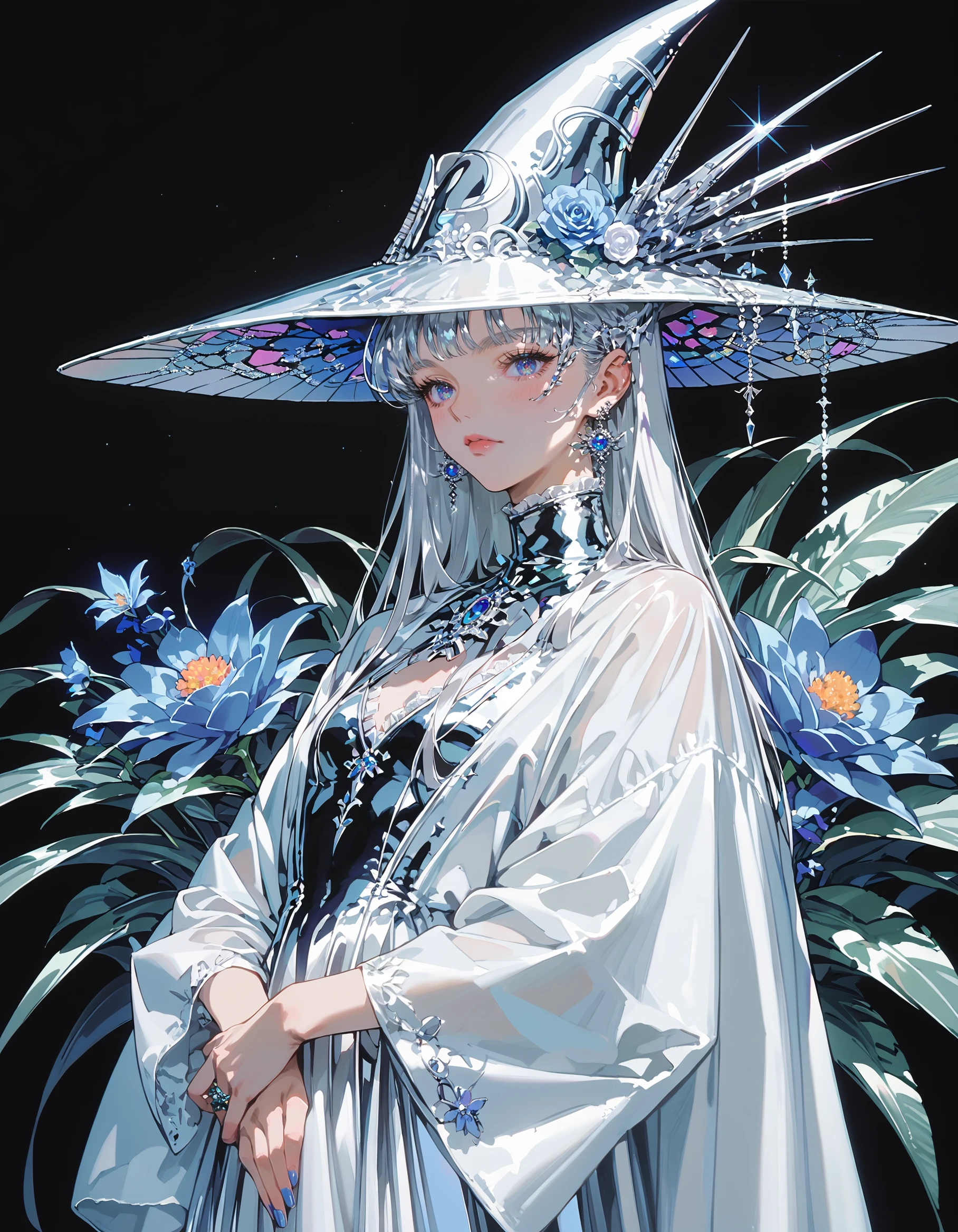 score_9, score_8_up, score_7_up, source_anime,intricate details,Masterpiece,best quality,  <lora:chrome_core:1>,chrome_core,1girl, hat, solo, dress, flower, long hair, witch hat, black background, white dress, blue flower