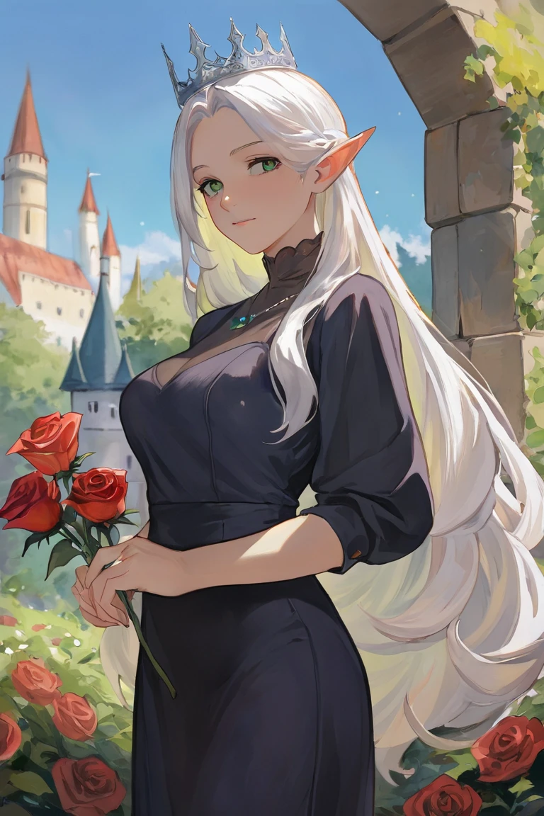 masterpiece, best quality, highres, newest, watercolor \(medium\), traditional media, 1girl, solo, mature female, elf, pointy ears, breasts, long hair, very long hair, white hair, green eyes, portrait, looking at viewer, medium breasts, high collar, long dress, black dress, crown, silver crown, holding, holding flower, rose, red rose, necklace, jewelry, closed mouth, cowboy shot, standing, outdoors, castle <lora:Watercolor Anime [LoRA] - NoobAI-XL EPS 1.0:0.8>