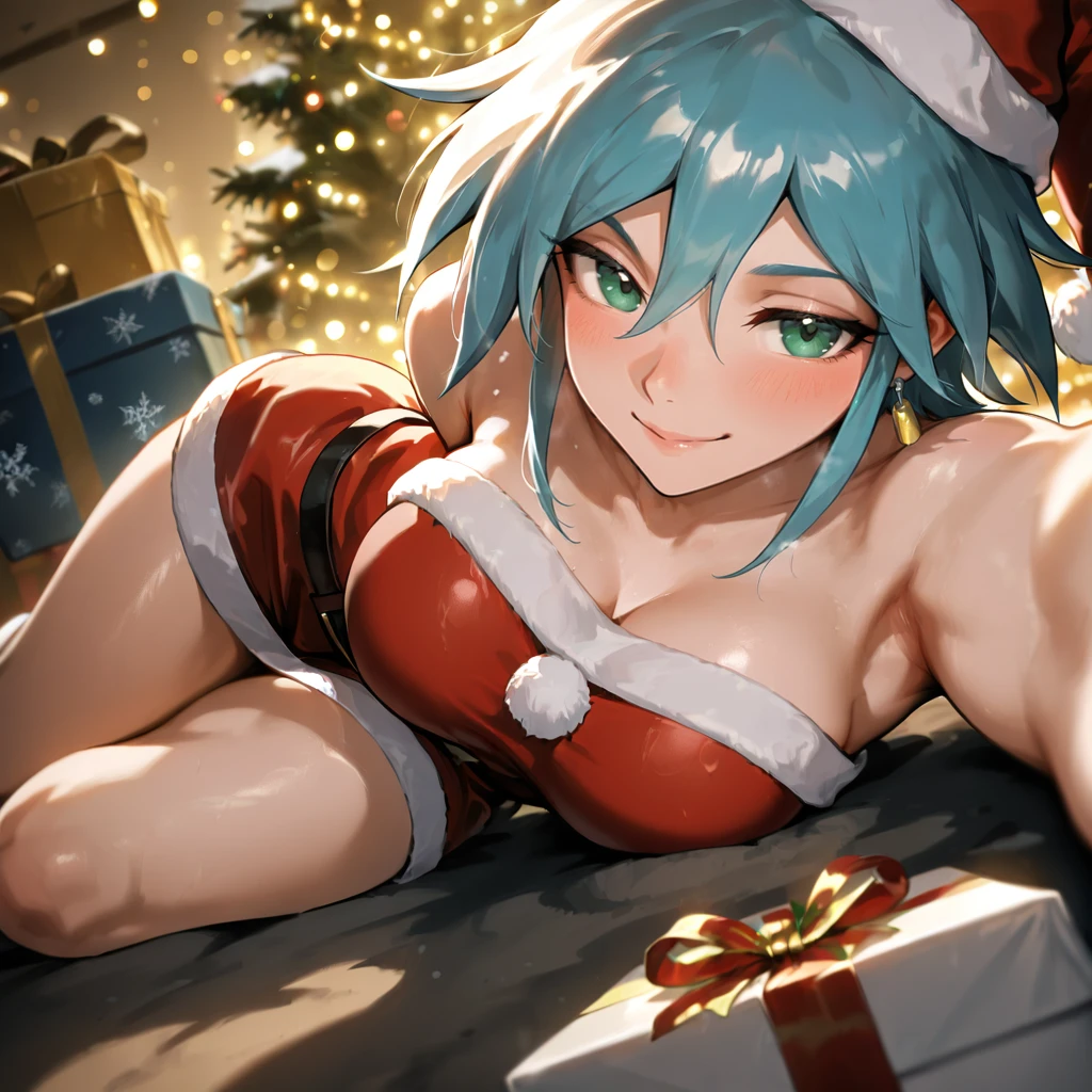 masterpiece, best quality, 1 solo girl, blue hair, blue eyes, short hair, wavy hair, Christmas ornaments, medium breasts, mature body and face, red christmas dress, christmas, christmas light, christmas tree, red gloves, red santa skirt, holding gift, red bra, red panty, leg up, cowboy shots, sexy pose, dakimakura, detailed body, face, and eyes, sharp focus, vibrant, creative, dynamic, high definition, high resolution, 8k, (Upscale: R-ESRGAN 4x+ Anime6B), (Image enchance:4x), voluptuous body