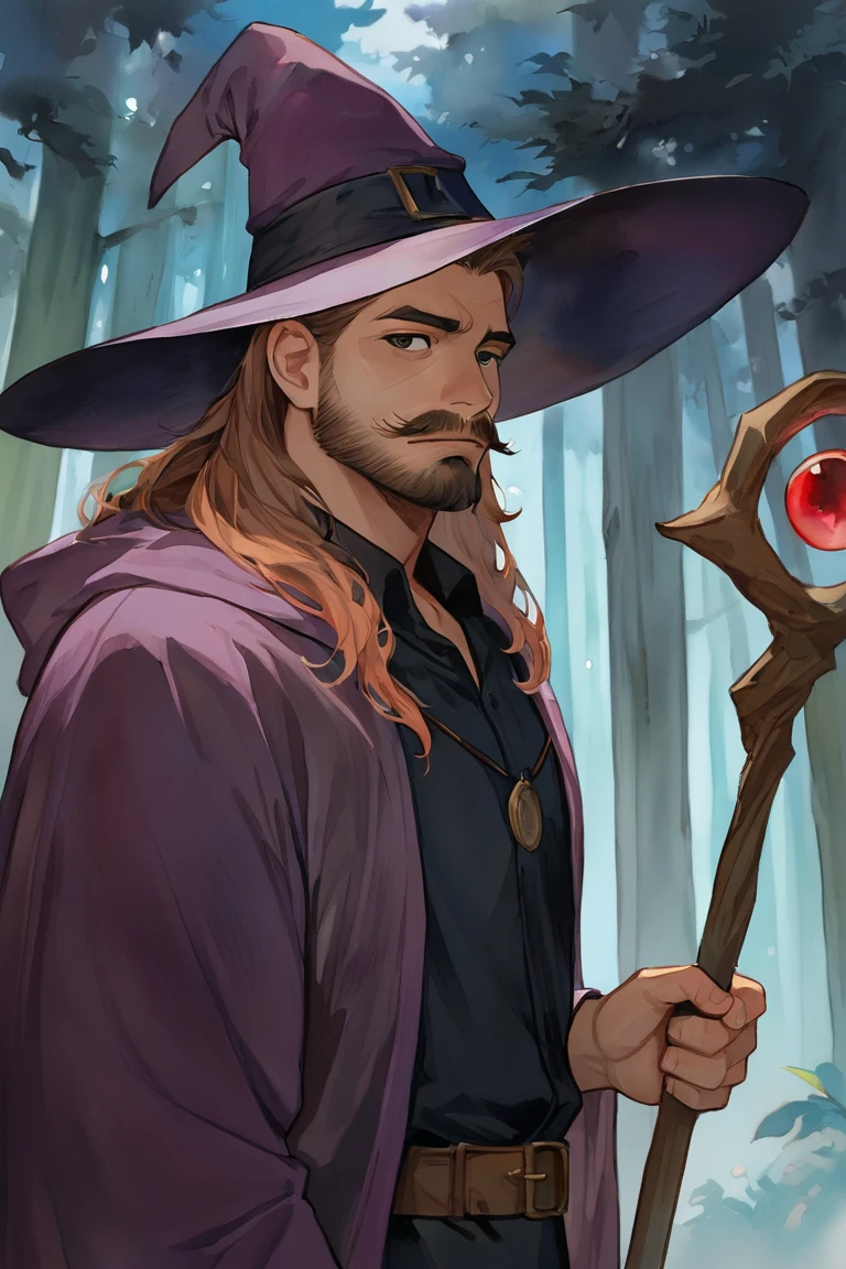 masterpiece, best quality, highres, newest, watercolor \(medium\), traditional media, 1boy, solo, male focus, mature male, wizard, long hair, brown hair, black eyes, looking at viewer, hat, facial hair, beard, mustache, staff, wizard hat, purple hat, black shirt, collared shirt, robe, purple robe, hooded cloak, holding, holding staff, upper body, closed mouth, standing, outdoors, forest, nature, tree, fog, dark background <lora:Watercolor Anime [LoRA] - NoobAI-XL EPS 1.0:0.8>