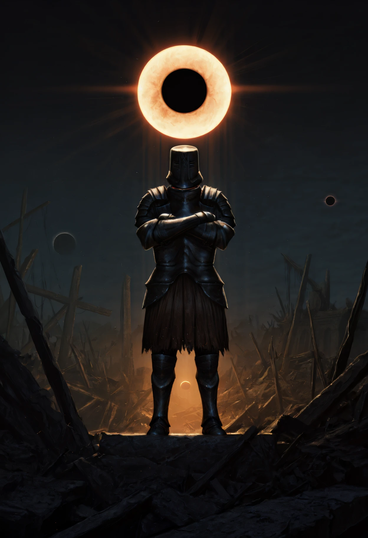 masterpiece, best quality, newest, absurdres, highres, outdoors, night, ambiguous gender, solo, dsbit, black helmet, black armor, black breastplate, black Pauldrons, black Cuirass, black Gauntlets, tunic under armor, black Greaves, crossed arms, black Greaves, full body,  <lora:Black_Iron_Tarkus_Illustrious-000009:1>  <lora:serge3dx:0.8> serge3dx, realistic, photorealistic, fantasy, surreal landscape, dark theme, light particles, sunbeam, eclipse, ruins, wide shot, backlighting, solar eclipse, epic