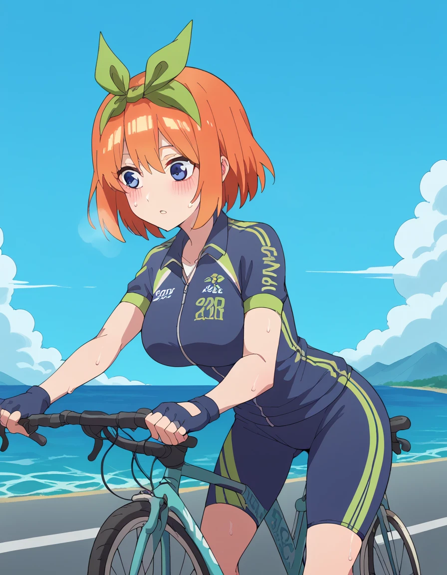 score_9, score_8_up, score_7_up, source_anime, <lora:yotsuba-nakano-s2-ponyxl-lora-nochekaiser:1>, yotsuba nakano, bangs, short hair, blue eyes, hair between eyes, hair ribbon, hairband, orange hair, green ribbon, large breasts,, <lora:cycling-uniform-ponyxl-lora-nochekaiser:1> cycling uniform, bicycle, bike jersey, bike shorts, biker clothes, fingerless gloves, gloves, road bicycle, short sleeves,, road, mountains, ocean, blue sky, clouds, bent over, parted lips, sweat, steam, blush, cowboy shot,