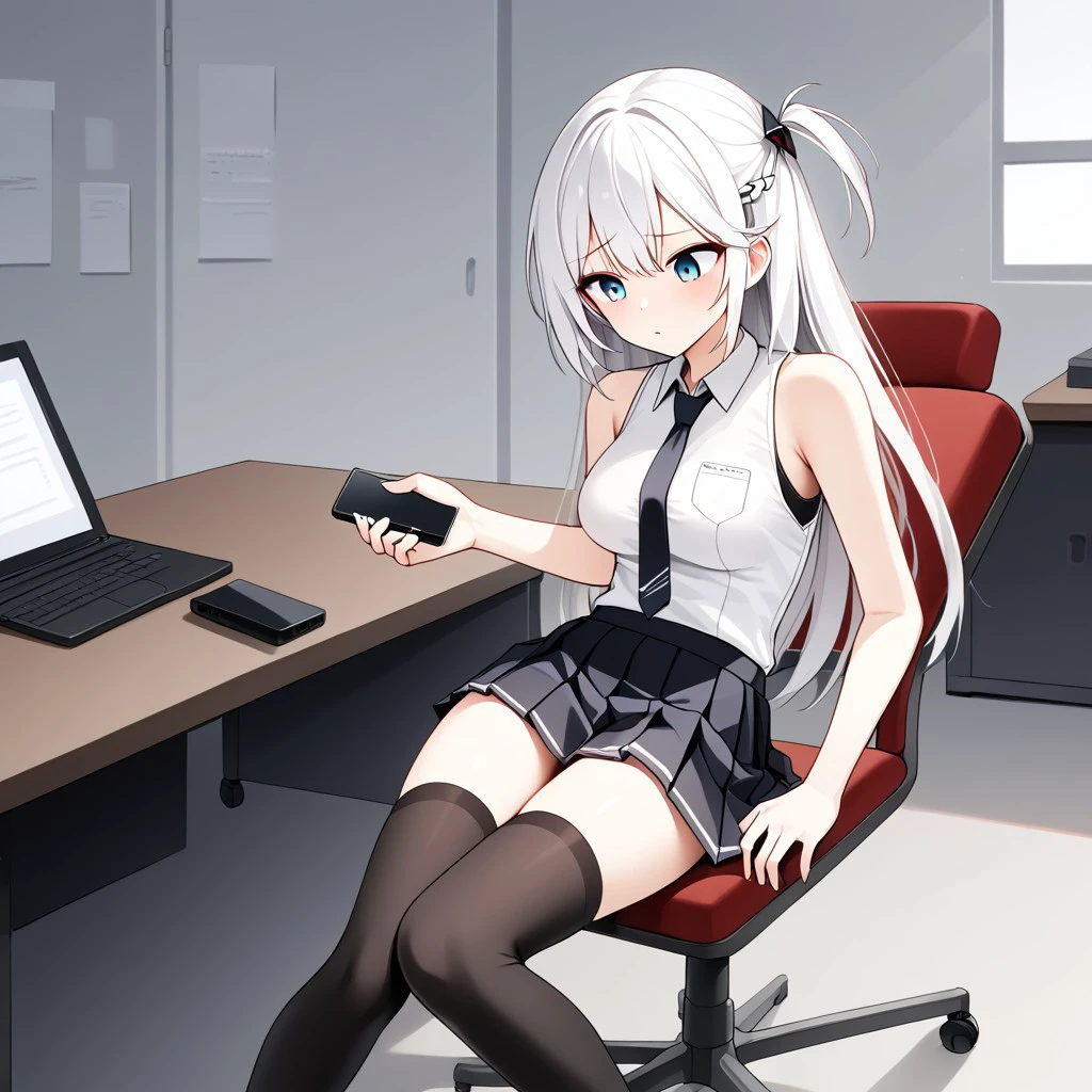 Best quality, ultra HD, white hair,hair ornament, black thighhighs, holding phone, clothing aside, break, sleeveless shirt, pleated skirt,sit down, on chair , medium round breast, workplace background