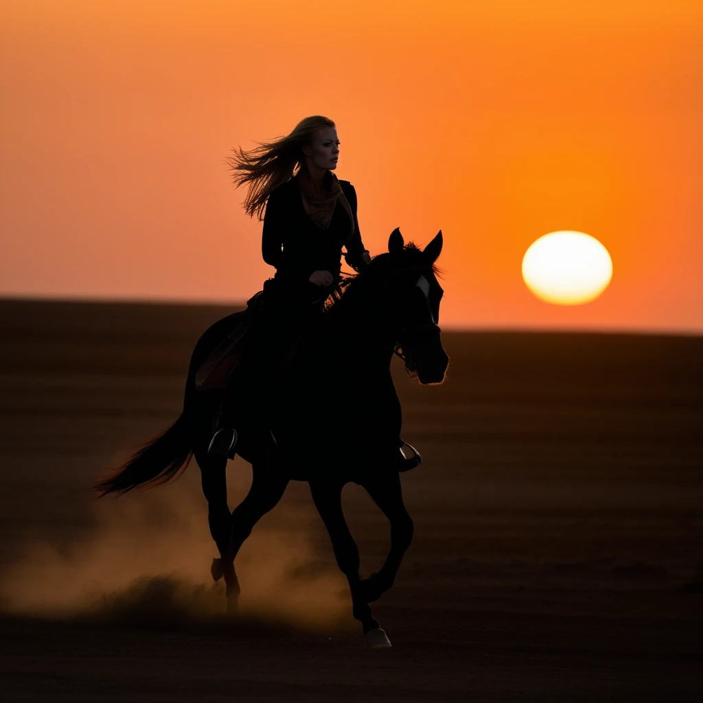 Gothic style  <lora:Jeri_Ryan:1> jeryan, jeri_ryan,the model rides at a gallop across a dusty plain, wearing a leather vest, jeans, and a scarf tied around her neck. Her blonde hair streams behind her as the sun sets, creating a vibrant orange and red sky. A 70-200mm lens captures her from the side, freezing the motion of the horseâs stride and her focused expression. Backlighting from the sunset creates a dramatic silhouette effect. . Dark, mysterious, haunting, dramatic, ornate, detailed