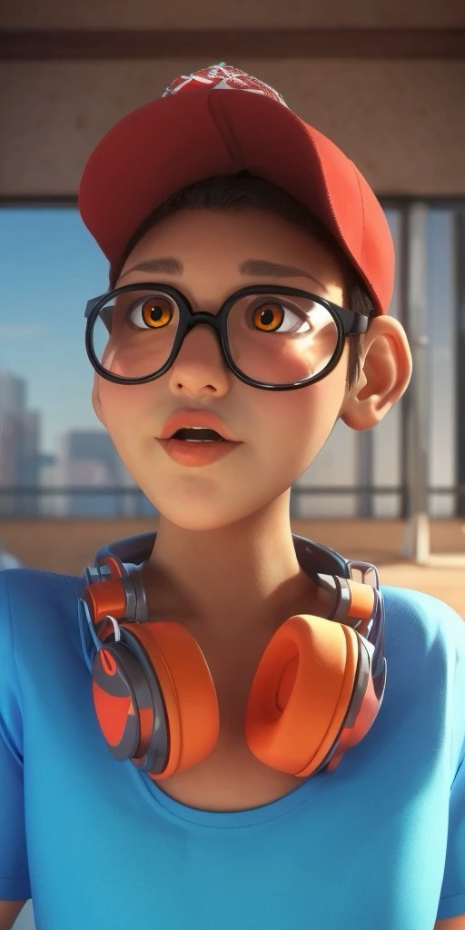 Hyperrealistic, photorealistic, super detailed, (1boy), vivid azure t-shirt, short dark brown hair, light tan skin, moderate orange eyes, black-rimmed glasses, red cap, body like in real life, large pores, tall, slender, unreal engine, octane render, droped shadow, bokeh, cinematic lighting, <lora:add_detail:0.5>, <lora:Volumetric_lighting:0.6>, Nino Lahiffe, , <lora:bb953b9d-cf4a-4f85-ad8c-ee8bc74bbc43:0.7>