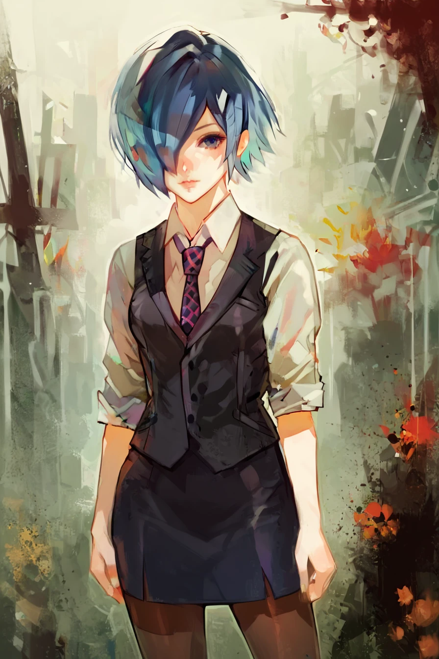 score_9, score_8_up, score_7_up, score_6_up, score_5_up, score_4_up, <lora:tokyoghoul_kirishima_ponyXL:0.6> kirishima touka, blue hair, hair over one eye, blue eyes, white shirt, necktie, sleeves rolled up, black vest, pencil skirt, pantyhose, 1girl,  <lora:sui_ishida_style_Pony:1>, sui_Ishida_style, solo, alone, standing, looking at the viewer, masterpiece, highres