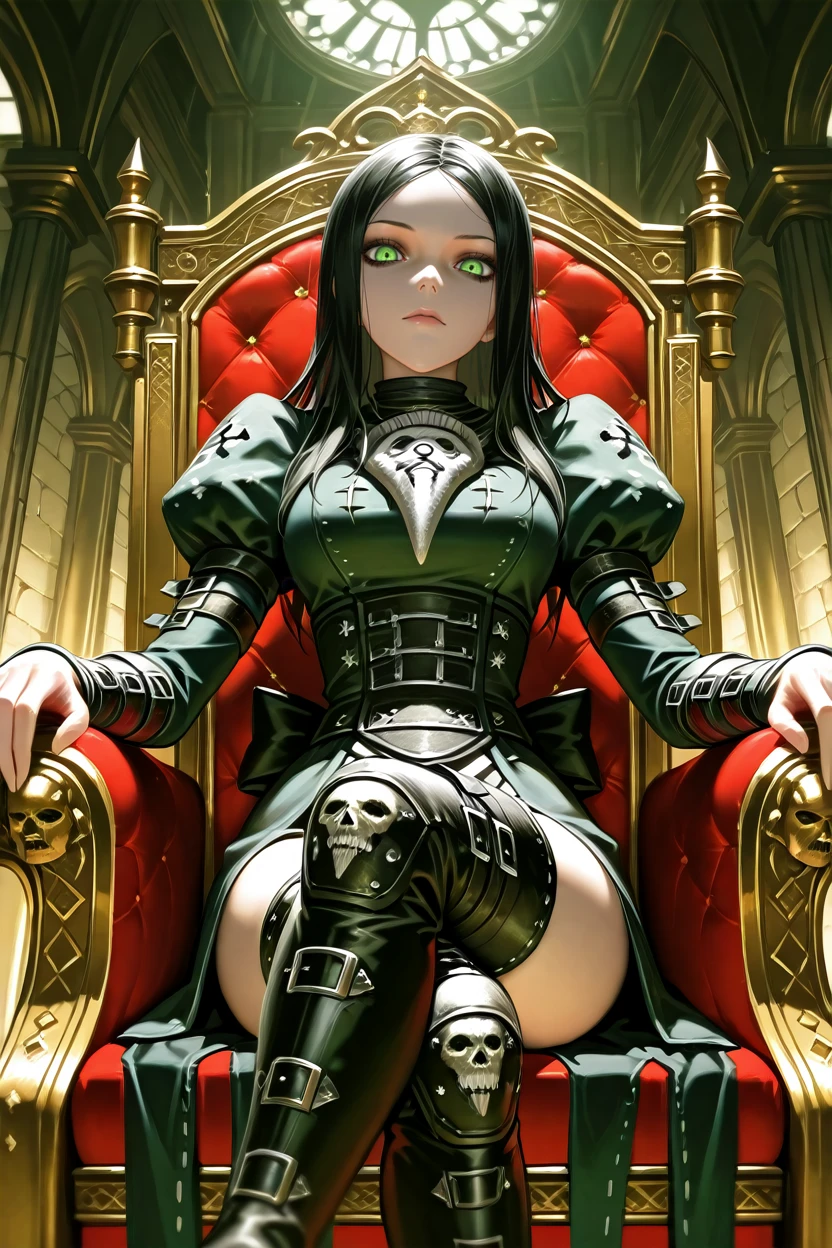 masterpiece, best quality, absurdres,
<lora:AliceMadness:1.0>
AliceMadness, 1girl, black hair, long hair, green eyes, looking at viewer, looking at viewer, sitting, throne, crossed legs, indoors, thigh boots