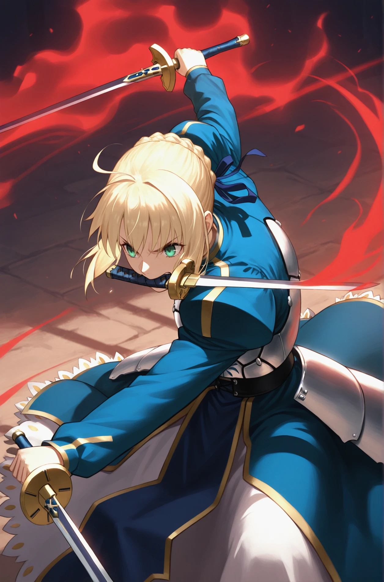 masterpiece, best quality,  2.5D,
<lora:3 swords style [IL]:1.1> 3 swords style, santoryu,mouth hold, holding sword, holding weapon, dual wielding,  3 swords
1girl, armor, dynamic pose, saber, fate_(series), 1girl, blonde_hair, green_eyes,  braid,
fight stance, fight scene, aura,