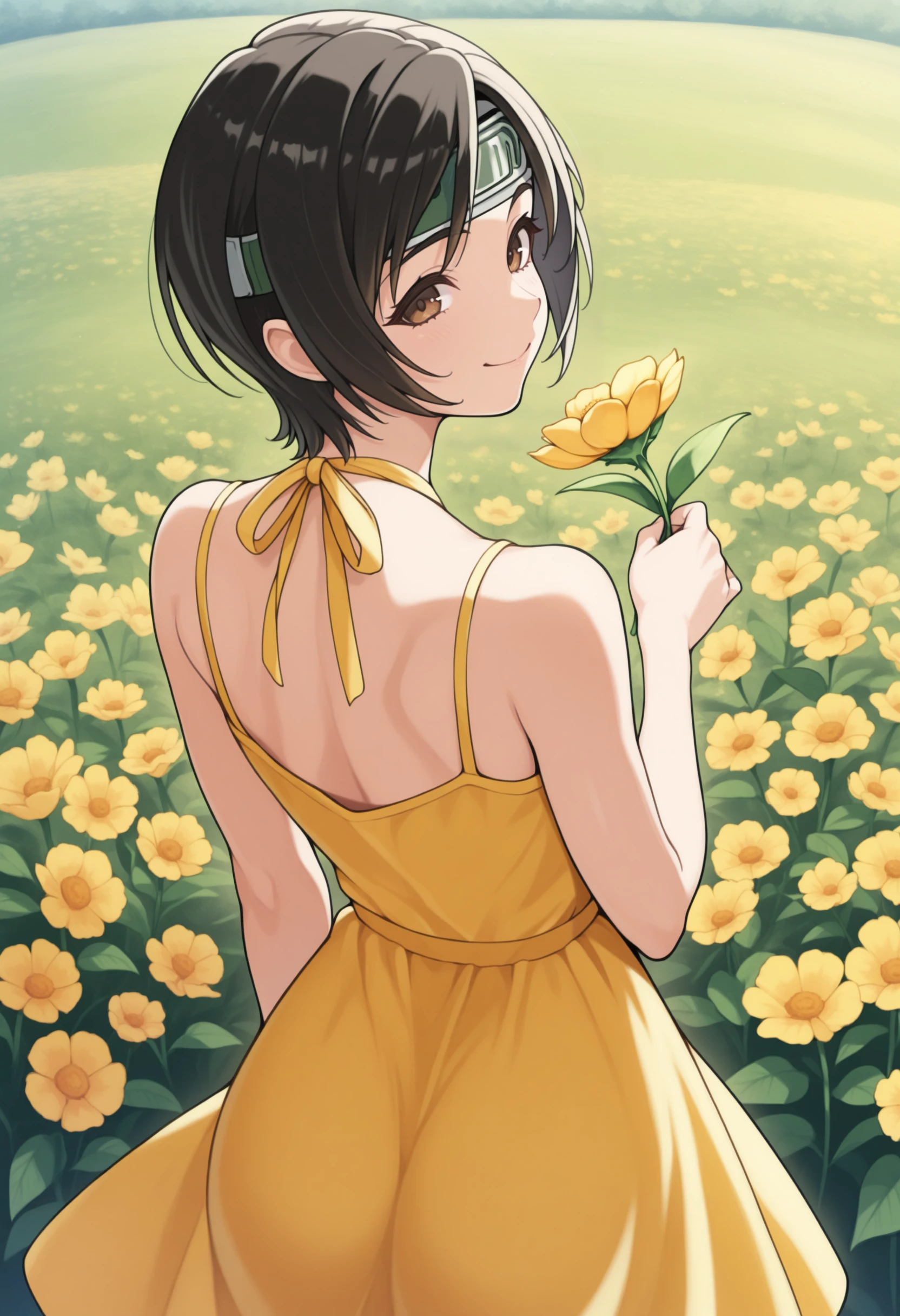 masterpiece, best quality, solo, 1girl, smile, looking at viewer, <lora:Yuffie-illus_Fp:1>,  yuff7, short hair, black hair, brown eyes, forehead protector, yellow sundress, outdoors, flower field, from behind, holding flower,