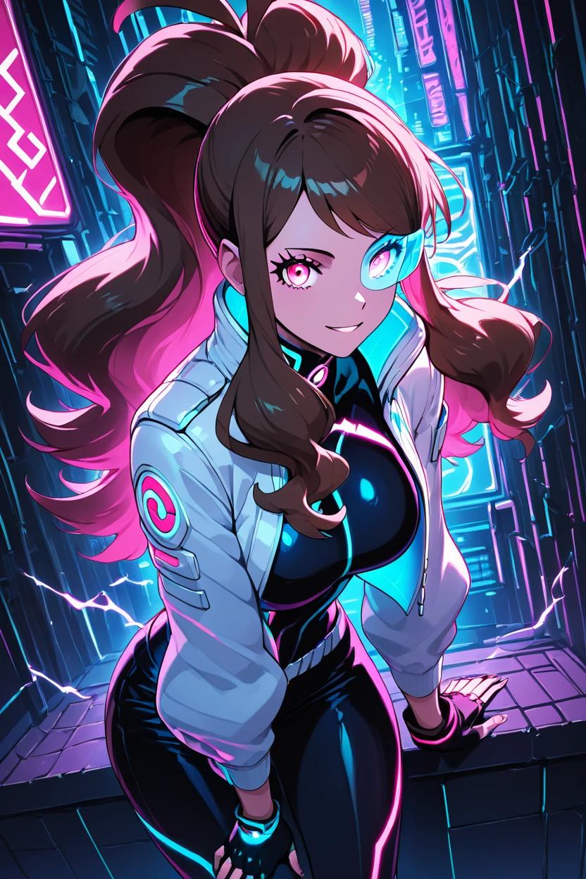 score_9, score_8_up, score_8, medium breasts, (curvy), cute, eyelashes,       ,,,  zzHildaLuxCitron, pink eyes, brown hair, high ponytail, long hair, multicolored hair, pink hair, ponytail, sidelocks,  white jacket, long sleeves, shiny, pants, black gloves, cyberpunk, scouter,  <lora:HildaLuxVoltPDXL:1>, cowboy shot, leaning forward, smile, looking at viewer, shiny skin, embedding:zPDXL, Expressiveh, <lora:SDXLFaeTastic2400:0.5>,  <lora:Expressive_H-000001:0.4>,