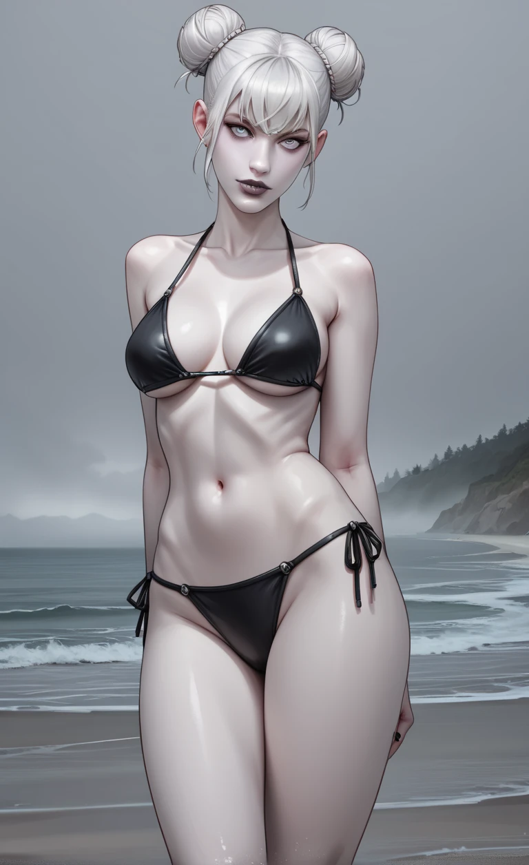 1girl, solo, 
score_6, score_7, score_8, score_9,
masterpiece, best quality, highly detailed,
<lora:Eve_GW_necromancer:0.85>, twin-buns, white hair, gray eyes, pale skin, lips, curvy, ((bikini)), beach, fog, night, happy,
painted nails,