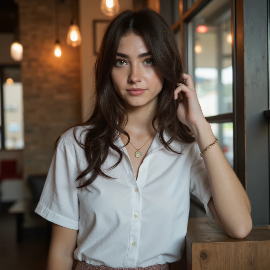 (A cinematic shot of <lora:Eliza_Browne:1> a young woman with a light to medium skin tone. a stunning female model, wavy hair, makeup and mascara. She is wearing a button-up white shirt and a skirt, standing in cafe looking at the viewer)