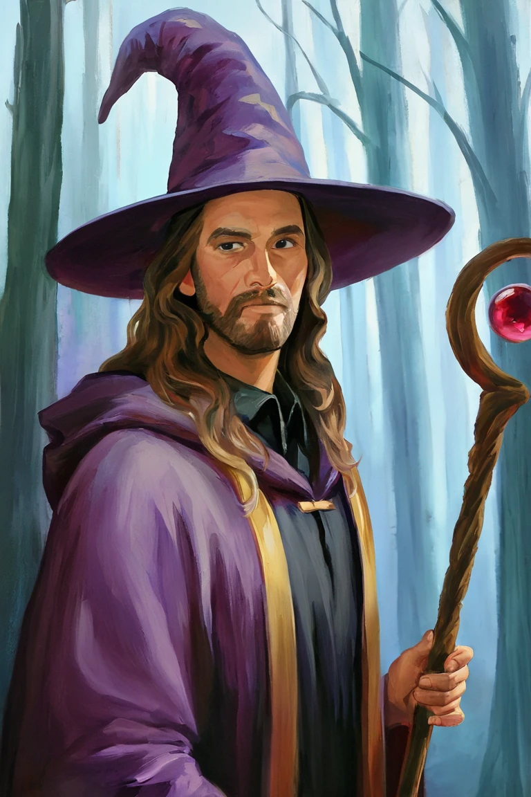 masterpiece, best quality, highres, newest, painterly, faux traditional media, realistic, 1boy, solo, male focus, mature male, wizard, long hair, brown hair, black eyes, looking at viewer, hat, facial hair, beard, mustache, staff, wizard hat, purple hat, black shirt, collared shirt, robe, purple robe, hooded cloak, holding, holding staff, upper body, closed mouth, standing, outdoors, forest, nature, tree, fog, dark background <lora:Faux Painting [LoRA] - NoobAI-XL EPS 1.0:0.8>