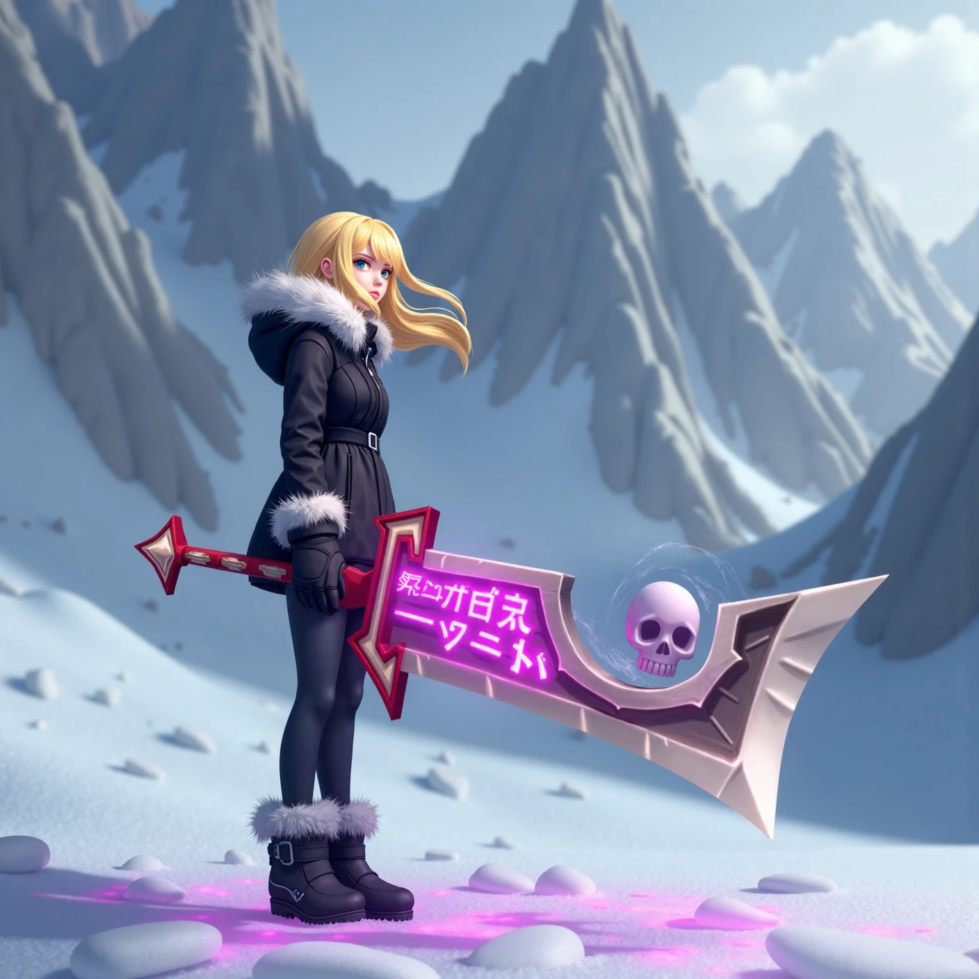 A blonde girl stands alone on a snowy mountain plateau, gripping 'the corrupted greatsword 8shbr1ng3r' in front of her with both hands, its massive size dwarfing her slender frame. Her golden hair flows freely in the icy wind, her pale face illuminated by the sword’s glowing pink runes. She’s wearing a thick black coat with fur trim, snow boots, and insulated gloves, her breath visible in the freezing air. Around her, the snow glows faintly pink where the sword’s energy touches it, creating surreal, glowing patterns in the otherwise pristine white landscape. Jagged mountain peaks loom in the background, shrouded in swirling mist, while a faint, ominous hum emanates from the blade, disrupting the stillness of the scene. This highly realistic image contrasts the purity of the snow with the darkness of the weapon. [skull motif]