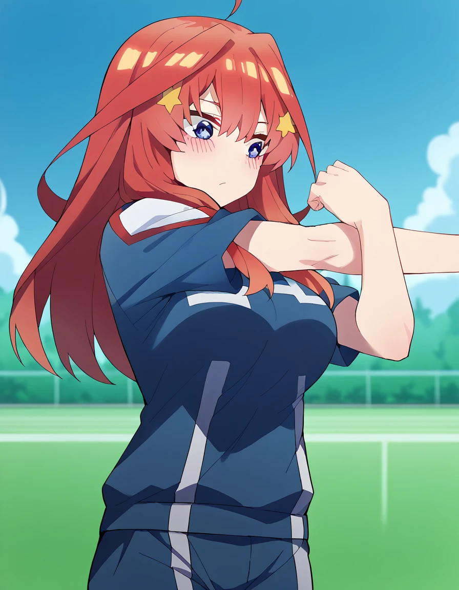 score_9, score_8_up, score_7_up, source_anime, <lora:itsuki-nakano-s2-ponyxl-lora-nochekaiser:1>, itsuki nakano, bangs, long hair, blue eyes, hair between eyes, ahoge, red hair, star (symbol), hair ornament, star hair ornament, large breasts, <lora:ua-gym-uniform-ponyxl-lora-nochekaiser:1> ua gym uniform, u.a. gym uniform, blue track suit, blue pants, blue shirt, short sleeves,, blush, track and field, <lora:cross-body-stretch-ponyxl-lora-nochekaiser:1> cross-body stretch, stretching, arm across chest, exercising,, cowboy shot,