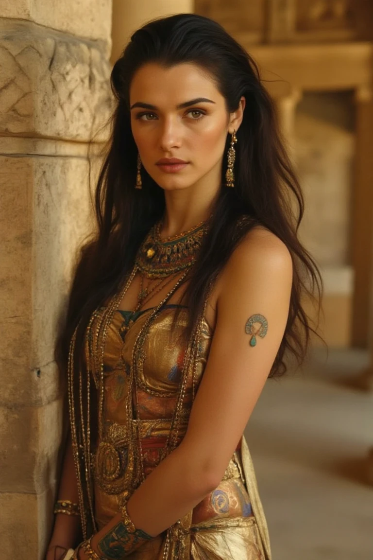 A majestic Egyptian princess, RachelWflx, stands poised against an ancient egyptian landscape. Soft, even lighting accentuates her delicate features and piercing gaze. The camera's medium body portrait captures every detail of her regal visage, from the subtle arch of her eyebrows to the gentle curve of her lips. Direct eye contact with the viewer draws you in, as she radiates confidence and poise. her majestic presence fills the entire composition, making this masterpiece a true work of art.