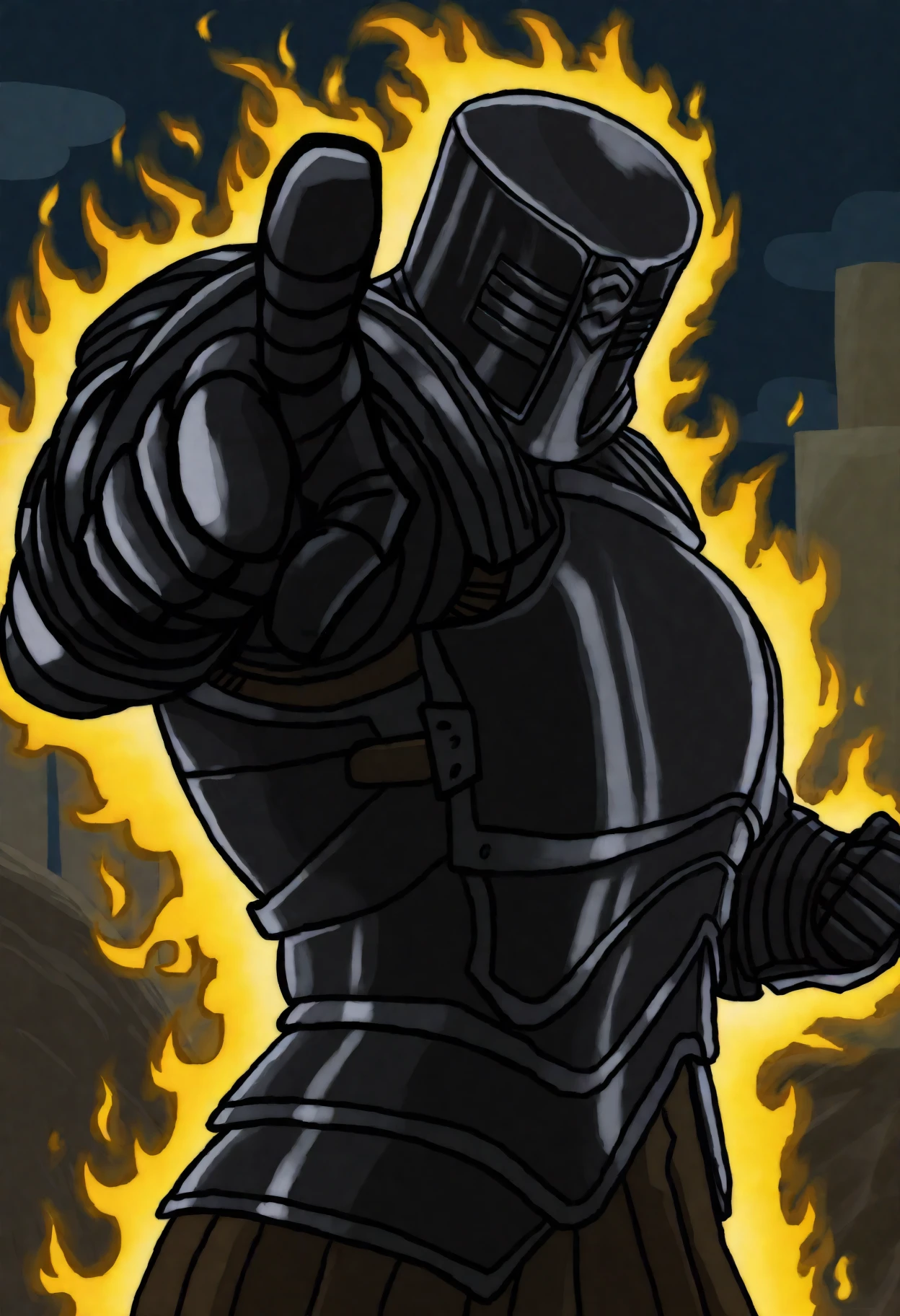 masterpiece, best quality, newest, absurdres, highres, outdoors, night, ambiguous gender, solo, dsbit, black helmet, black armor, black breastplate, black Pauldrons, black Cuirass, black Gauntlets, tunic under armor, black Greaves, stand \(jojo\), jojo pose, aura, glowing, power-up, foreshortening, zoom layer, pointing at viewer, from side, yellow aura, scott pilgrim \(series\) <lora:Black_Iron_Tarkus_Illustrious-000009:1>