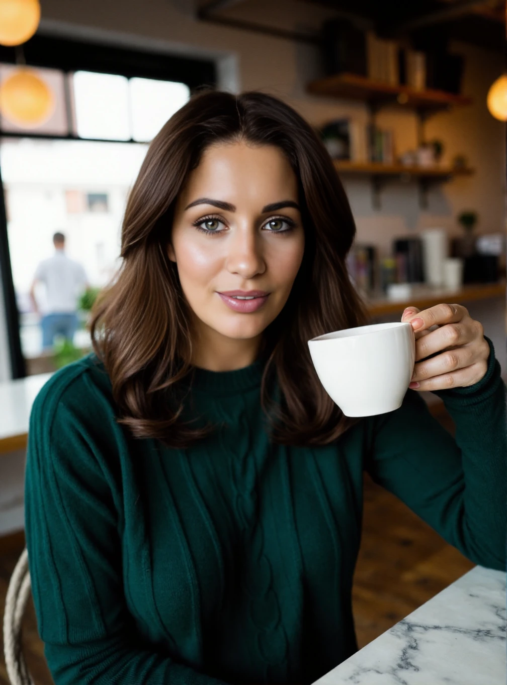 A professional photograph of a 23yo woman Holly_Peers wearing a dark green cableknit sweater in a cafe, holding a latte. Brunette hair, light make-up, detailed skin, bokeh, female focus, (SFW), smile <lora:Holly_Peers:1>