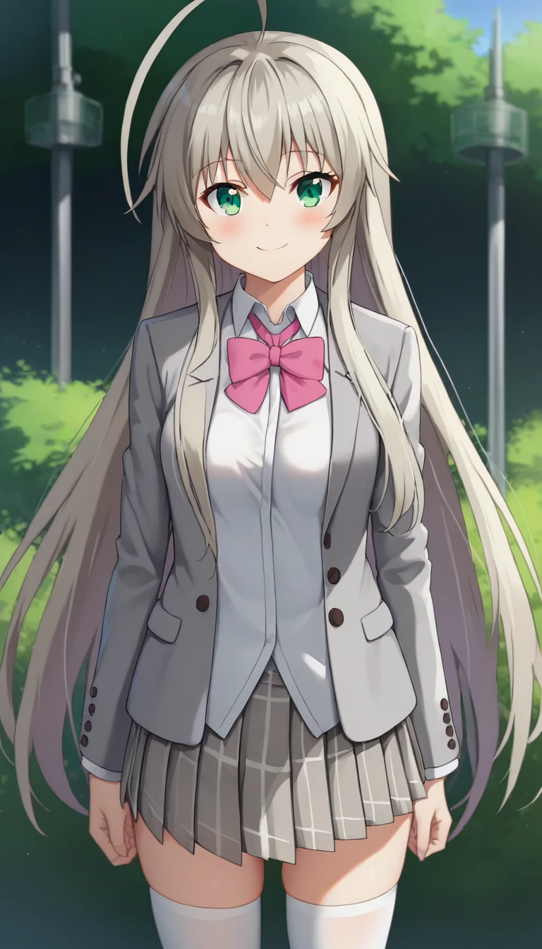 score_9,score_8_up,masterpiece,best quality,correct anatomy,anime_source,1girl,solo,perfect eyes,perfect arms,perfect legs,perfect face,outdoors,upper body,(portrait:1.5),looking at viewer,facing viewer,smile,blush,Nyaruko,huge ahoge,very long hair,grey hair,sidelocks,hair between eyes,bangs,green eyes,school uniform,grey jacket,Blazer,pink bowtie,white shirt,collared shirt,long sleeves,medium breasts,grey skirt,miniskirt,pleated skirt,plaid skirt,thighs,zettai ryouiki,white thighhighs,loafers,brown footwear,<lora:Nyaruko(hns)-Pony:1.6>,