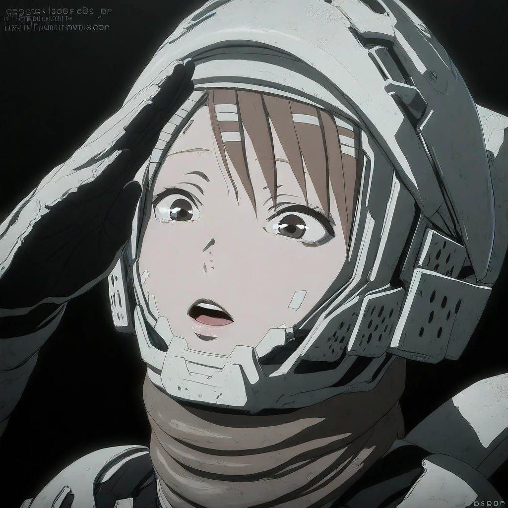 photogenic, masterpiece, 1440p, 8k, UHD, amazing quality, high resolution, Tae, Blame!, 1girl, solo, open mouth, short hair, brown hair, gloves, brown eyes, artist name, hairclip, helmet, portrait, science fiction, salute, pilot suit, spacesuit, sensitive