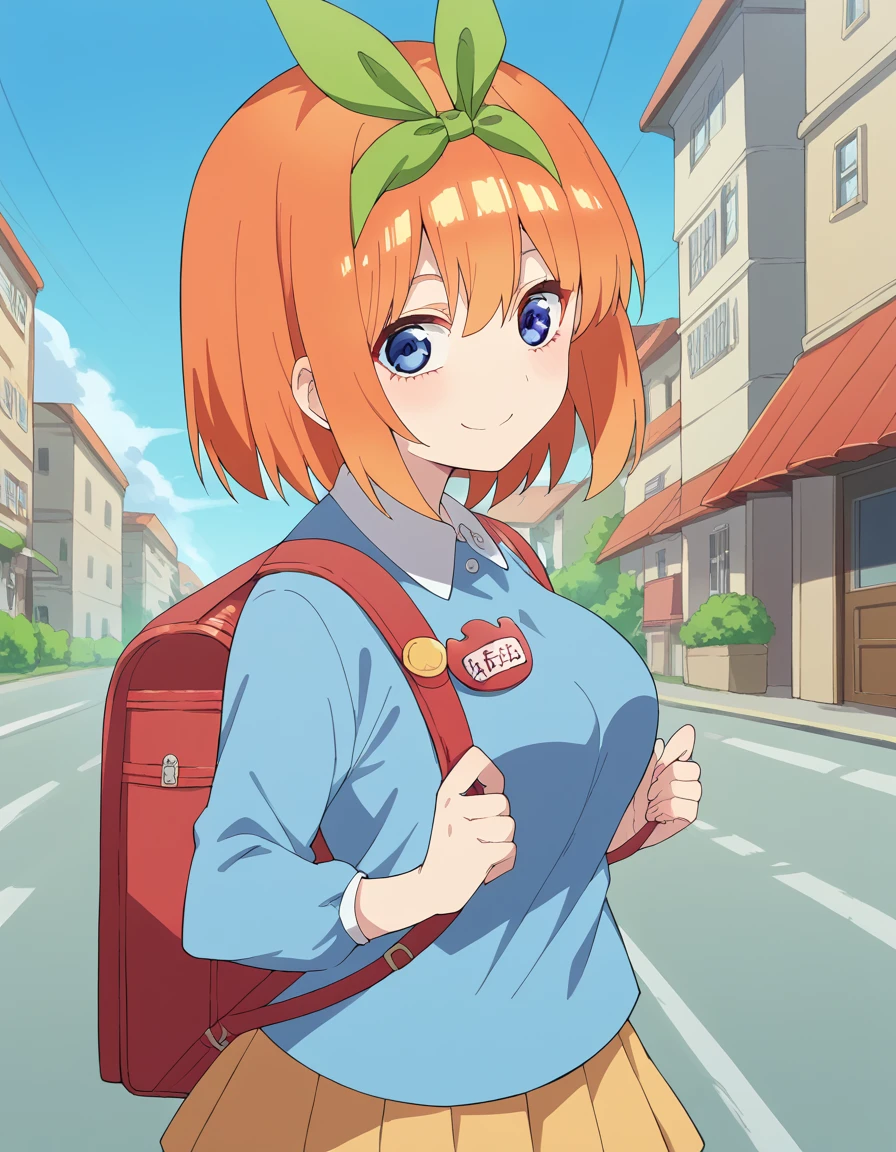 score_9, score_8_up, score_7_up, source_anime, <lora:yotsuba-nakano-s2-ponyxl-lora-nochekaiser:1>, yotsuba nakano, bangs, short hair, blue eyes, hair between eyes, hair ribbon, hairband, orange hair, green ribbon, large breasts,, <lora:kindergarten-uniform-ponyxl-lora-nochekaiser:1> kindergarten uniform, school hat, yellow hat, randoseru, backpack, red bag, blue shirt, name tag, skirt, pleated skirt,, smile, street, houses, road, from side, looking at viewer, holding strap, cowboy shot,