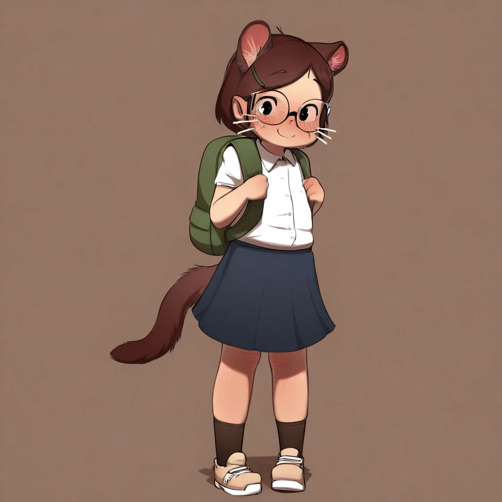 Loffo, female, clothing, mammal, solo, young, glasses, eyewear, bottomwear, skirt, smile, footwear, backpack, topwear, human, hair, humanoid, ailurid, shoes, legwear, animal humanoid, whiskers, blush, young female, tail