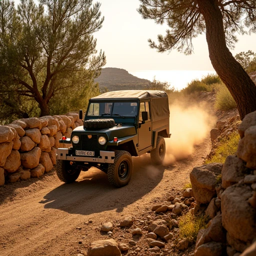 Imagine an image in the style of cinematic photorealism: A Land Rover Lightweight navigates a rocky trail in Cyprus, bathed in golden sunlight. Olive trees and dry stone walls flank the path, with the Mediterranean glimmering in the distance. Dust clouds rise from its tires, emphasizing its rugged, all-terrain capabilities.