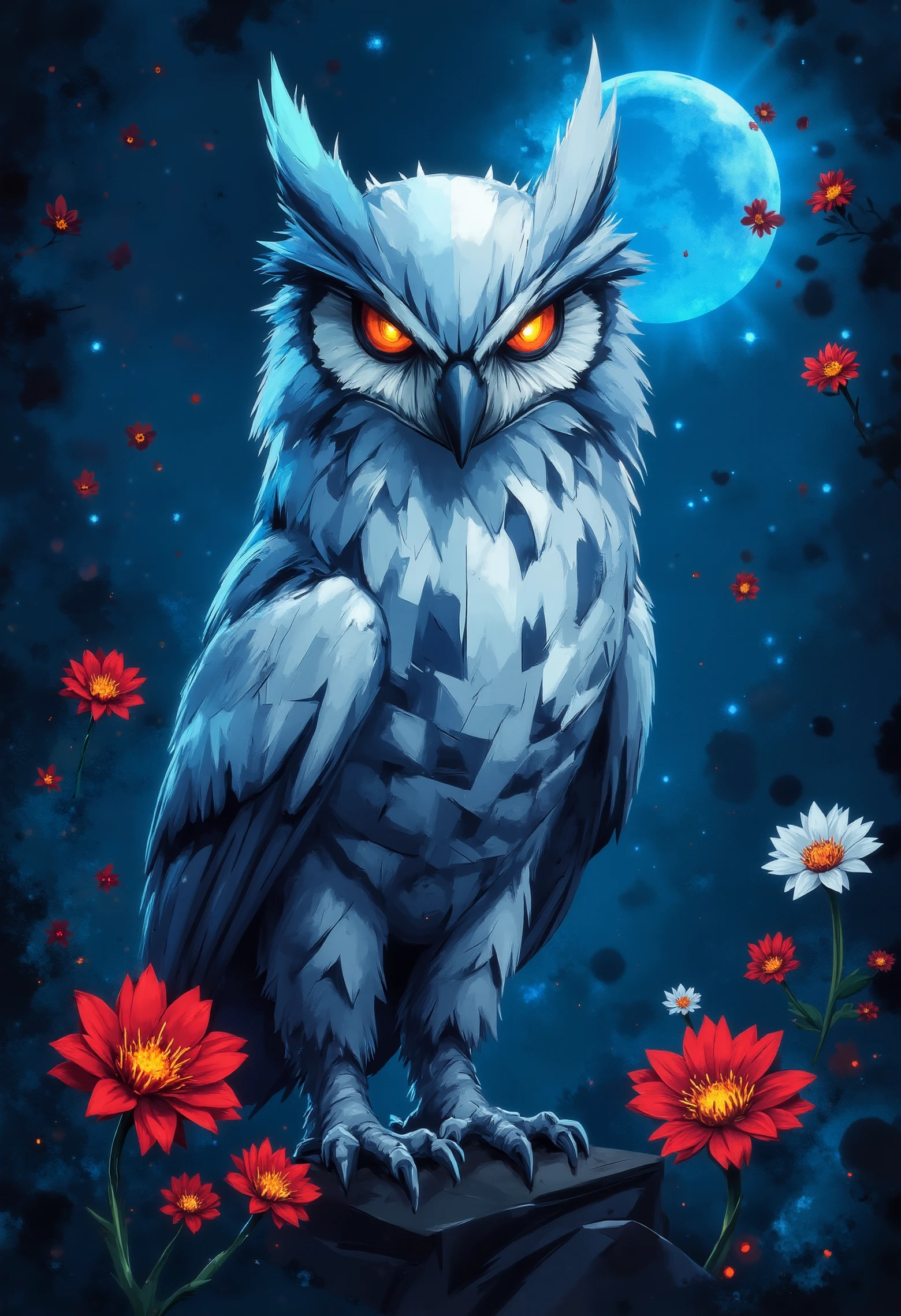 pst009, Portrait of an enchanted owl surrounded by moonlit garden flowers, detailed feathers and piercing eyes, soft blue and white color palette, glowing moonlight, semi-realistic, artistic style