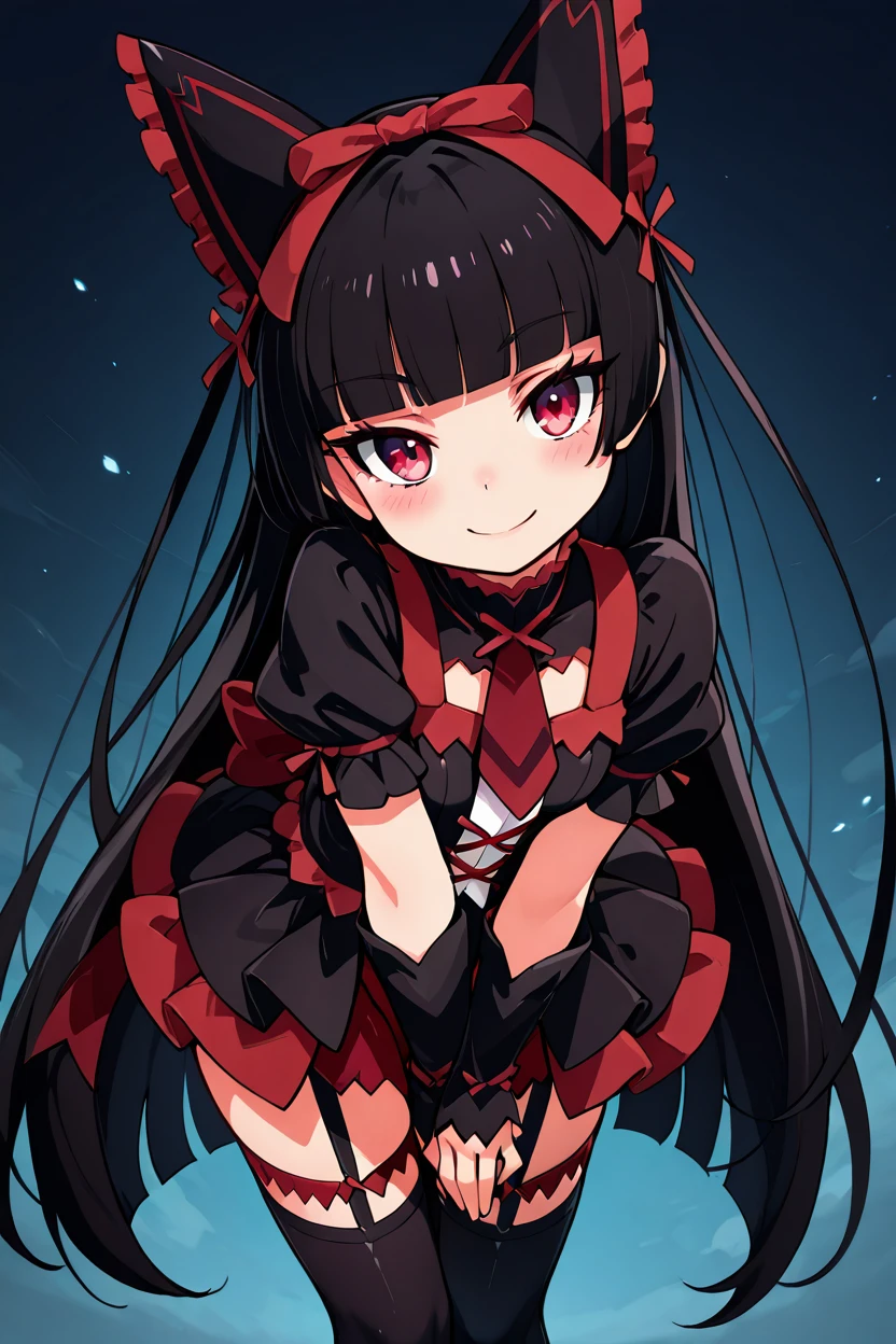 masterpiece, best quality, 1girl, solo, 21 year old model, eyelashes, (beautiful eyes),     ,,, zzRory, rory mercury, red eyes, long hair, black hair, blunt bangs, hime cut, very long hair, hair ribbon, black dress, black thighhighs, garter straps, bow, <lora:RoryMercuryIXL_v3:1.0>,,,, smile, looking at viewer, leaning forward, head tilt, blush,,, <lora:CatalystIXL:0.7>, <lora:ZankuroIXLLight_v2:0.6>, <lora:princess_xl_v2:0.3>,