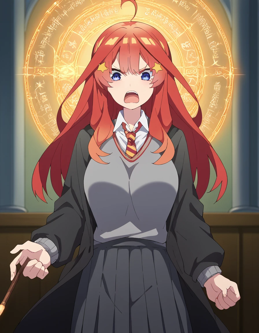 score_9, score_8_up, score_7_up, source_anime, <lora:itsuki-nakano-s2-ponyxl-lora-nochekaiser:1>, itsuki nakano, bangs, long hair, blue eyes, hair between eyes, ahoge, red hair, star (symbol), hair ornament, star hair ornament, large breasts, <lora:hogwarts-school-uniform-ponyxl-lora-nochekaiser:1> hogwarts school uniform, black robe, holding wand, wand, necktie, striped necktie, collared shirt, sweater, pleated skirt, grey sweater,, open mouth, casting spell, energy, magic circle, glowing, indoors, castle, shouting, angry,, cowboy shot,