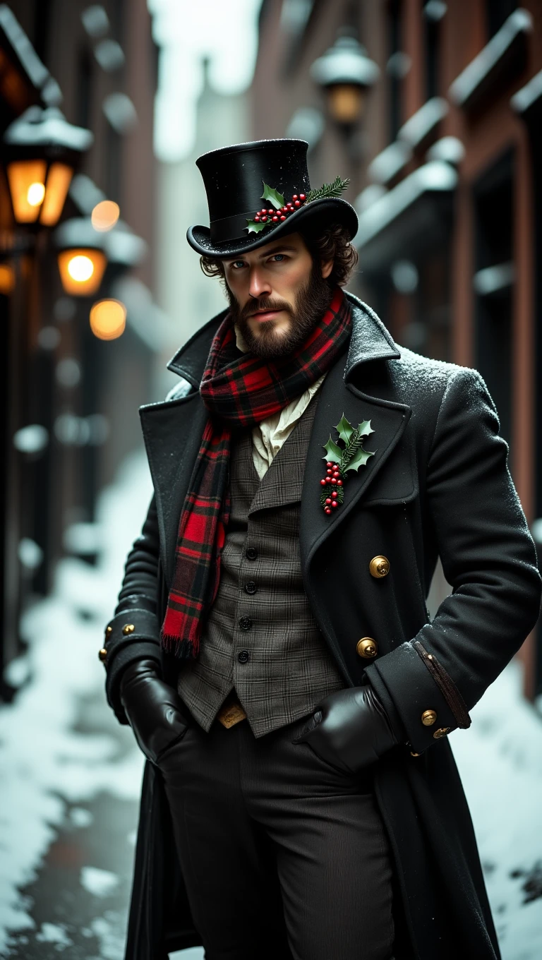 This is a high-resolution, artistic photograph set in a snow-covered, dimly lit urban alleyway, possibly in a Victorian or steampunk-inspired setting. The subject is a ruggedly handsome man with a thick beard and curly hair, dressed in a dark, textured overcoat with intricate, brass-button detailing. He wears a tall, black top hat adorned with a sprig of holly and red berries, adding a festive touch. His attire includes a plaid scarf in red and black, draped elegantly around his neck, and a dark, checkered vest under a long, dark coat.