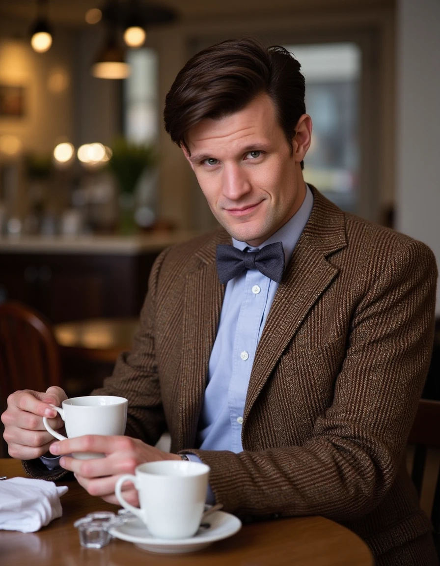 <lora:Matt_Smith_Flux:1> This photograph features a man having tea in a cafe.  The man is positioned slightly to the right of the center of the image. The man has short, neatly styled brown hair and is wearing a classic, brown tweed blazer with a subtle checkered pattern. Underneath the blazer, he has on a light blue dress shirt with a button-down collar, which is slightly visible. He accessorizes with a dark gray bow tie. The man appears relaxed. He is looking at the viewer smiling.