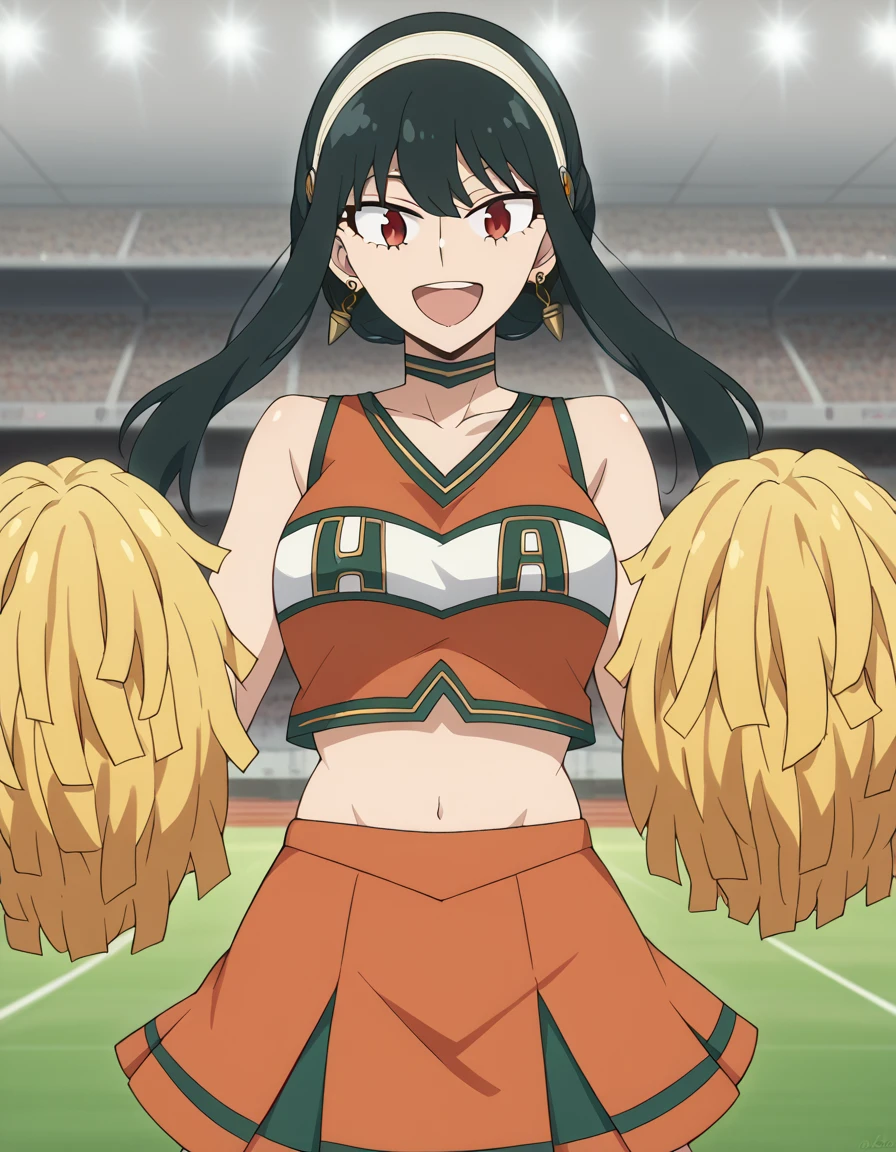 score_9, score_8_up, score_7_up, source_anime, yorbriar, <lora:yor-briar-s1-ponyxl-lora-nochekaiser:1>, yor briar, black hair, red eyes, earrings, white hairband, hairband, long hair, sidelocks, medium breasts,, <lora:ua-cheerleader-uniform-ponyxl-lora-nochekaiser:1> ua cheerleader uniform, u.a. cheerleader uniform, cheerleader, pom pom (cheerleading), orange skirt, holding pom poms, orange shirt, navel, sleeveless, midriff, collarbone,, smile, open mouth, track and field, dancing,, cowboy shot,