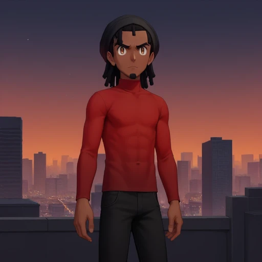 This digital anime-style artwork features KINkatch, a young man with medium brown skin, dark dreadlocks hair. He has a serious expression, wearing a tight, red long-sleeve shirt and black pants. KINkatch stands on a rooftop against a twilight cityscape with modern skyscrapers and a gradient sky transitioning from orange to dark blue. The image is detailed, with a focus on KINkatch's intense gaze and athletic build.