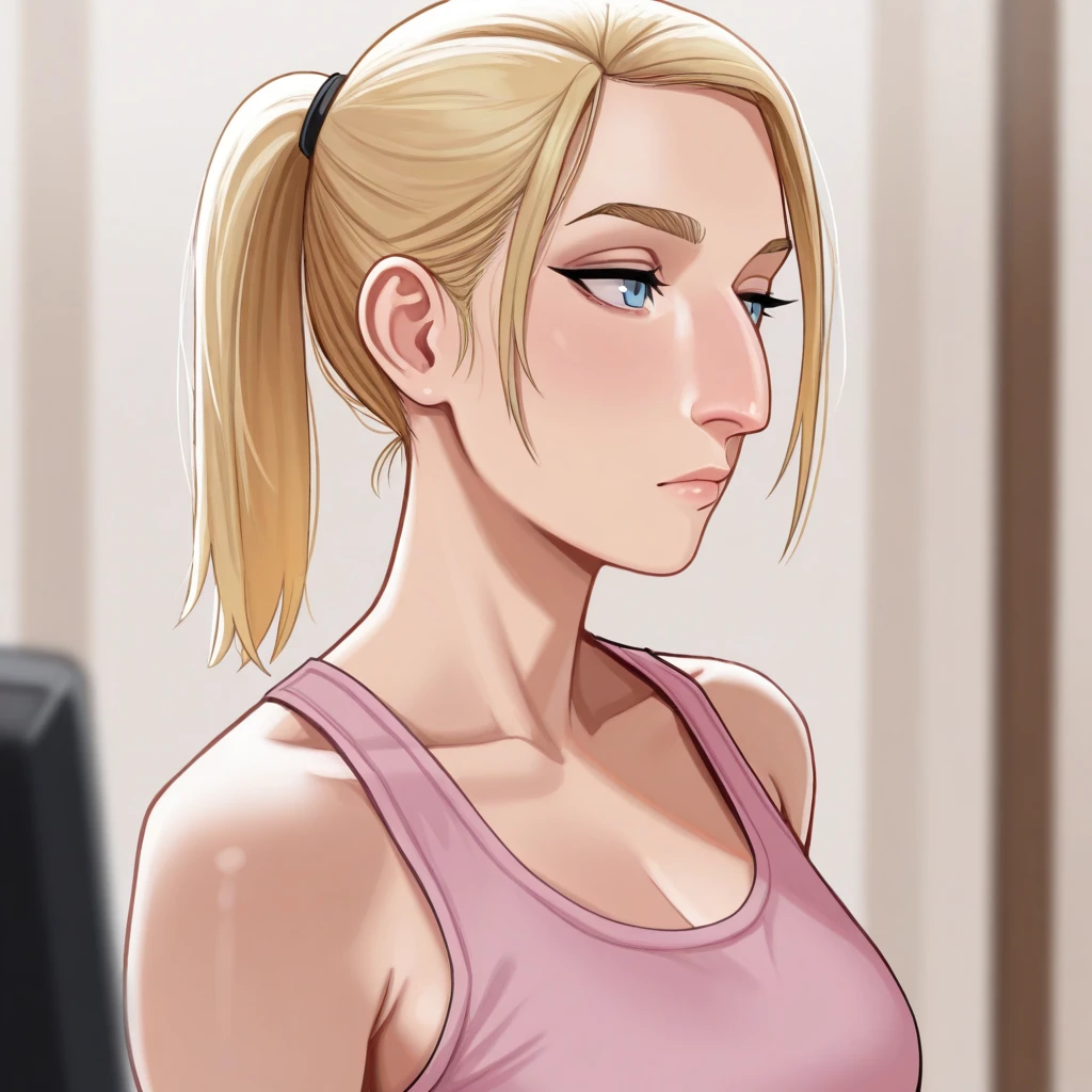 masterpiece, best quality, aquiline nose, 1girl, solo, blonde hair, ponytail, blue eyes, pink tank top, upper body,  <lora:AquilineNose_illustrious_Leaf3:1>, depth of field,