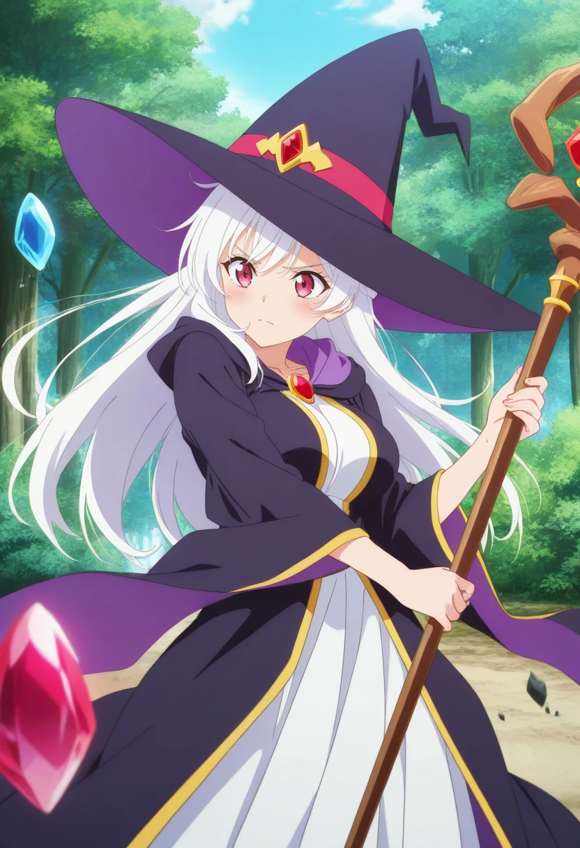 ailand,geokinesis,1girl, solo,large breasts,day,outdoors,forest,white hair,red eyes, bangs, purple eyes,very long hair, bangs,witch,witch hat,robe,skirt,magic,((holding_staff)),wand, dynamic pose,((gem,red gemstone,crystal,flying_gems)),debris,<lora:geokinesis_v1_illustrious_b:.8>, masterpiece, best quality amazing quality very aesthetic high resolution ultra detailed absurdres, newest,((anime_coloring)),anime_screencap,studio_anime,<lora:ailand_v1_illustrious:1>