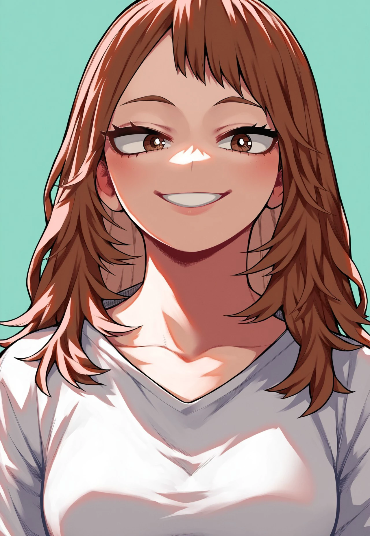 score_9, score_8_up, score_7_up, source_anime, solo, 1girl, brown hair, long hair, brown eyes, white shirt, smile, half body, looking at viewer, standing, light green background, Kohei Horikoshi, My Hero Academia, thick lineart, no pose