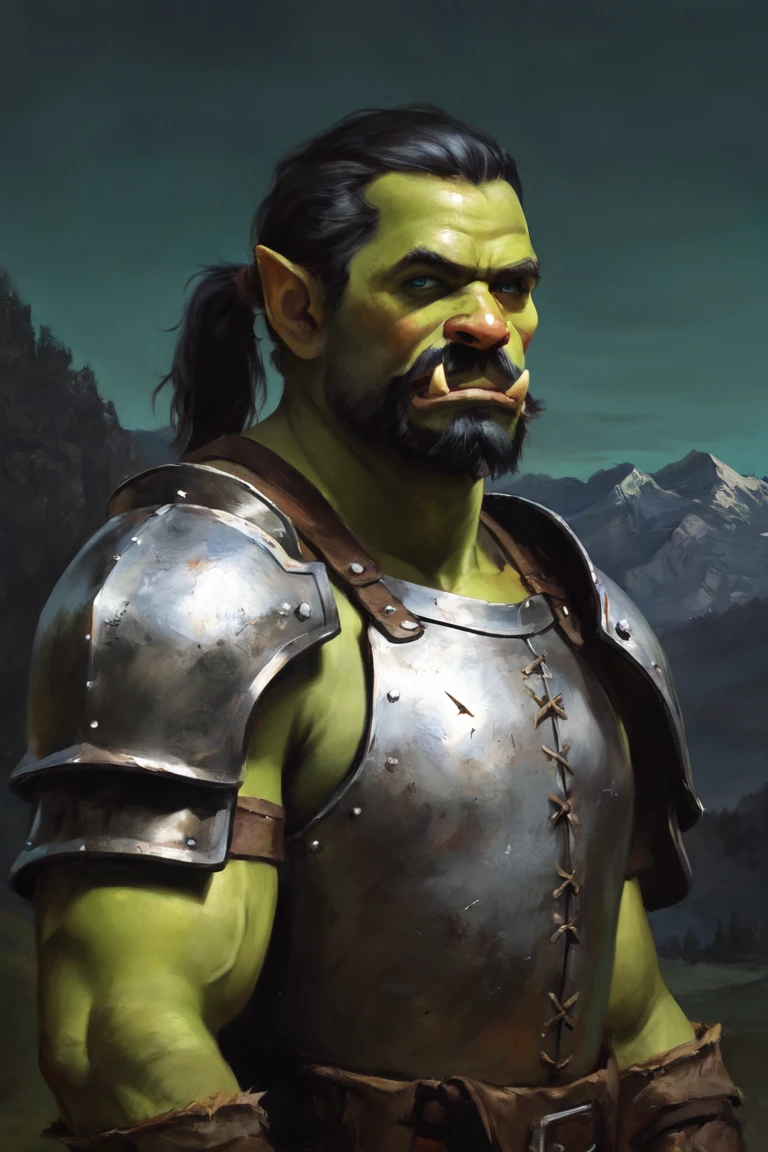 masterpiece, best quality, highres, newest, oil painting, traditional media, realistic, 1boy, solo, male focus, mature male, orc, colored skin, green skin, tusks, blue eyes, medium hair, black hair, hair slicked back, ponytail, facial hair, beard, mustache, looking at viewer, full armor, shoulder armor, breastplate, pauldrons, upper body, closed mouth, standing, outdoors, mountain, night, night sky, dark background <lora:Oil Painting [LoRA] - NoobAI-XL EPS 1.0:0.8>