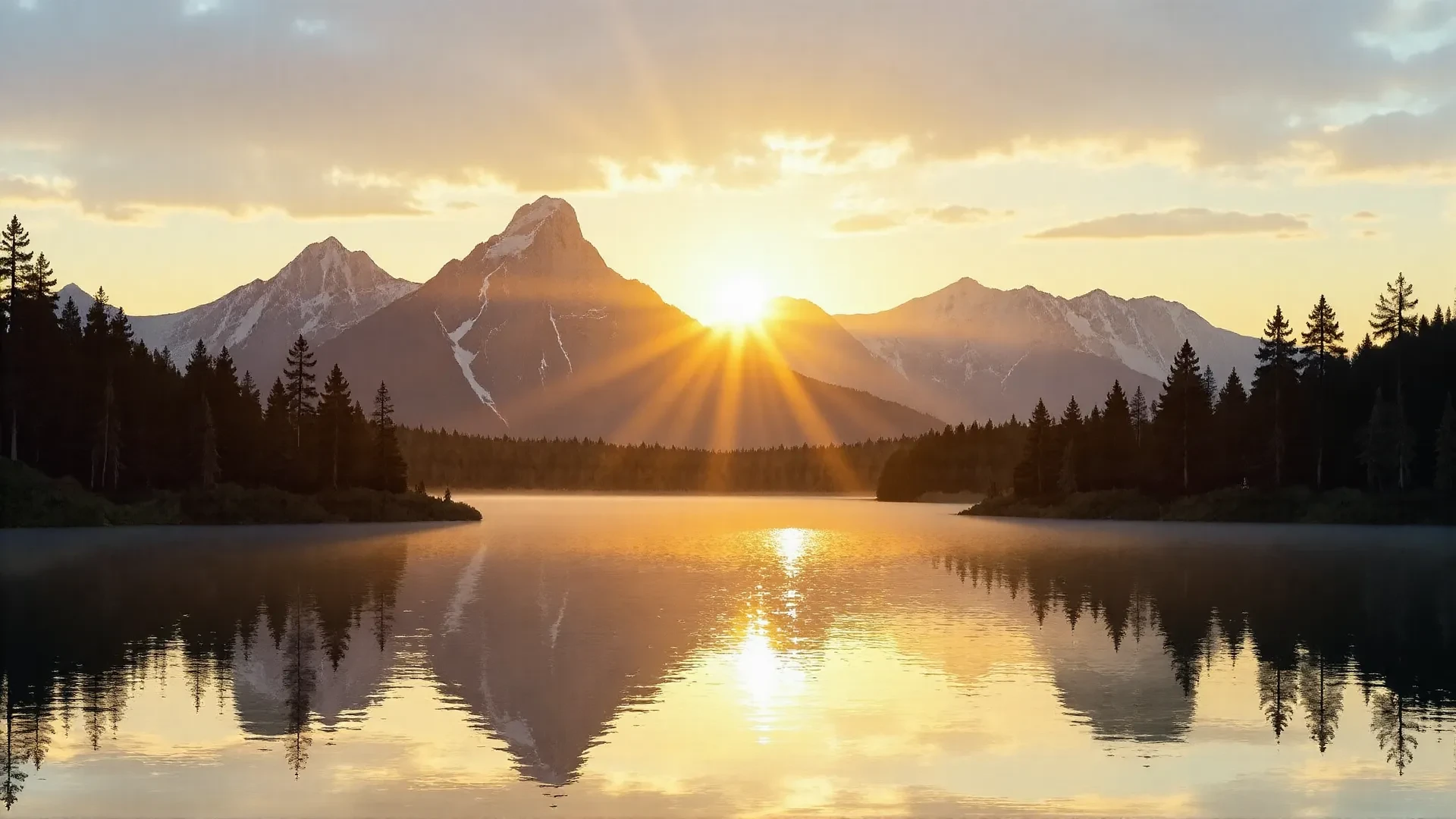 a lake with mountauns on the background, surrounded by forest, sunset, sun flare