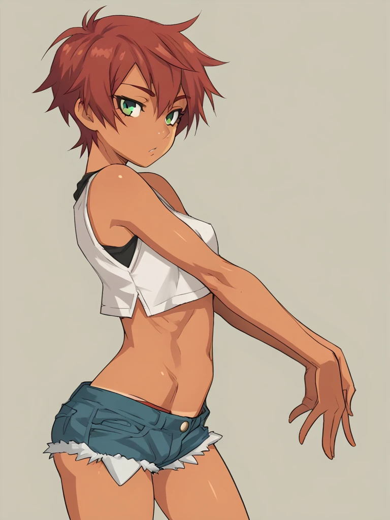 <lora:Mikoyan-PonyXL-1024px-v1.0:1>
score_5_up,   
 1girl, solo, crop top, short shorts, cutoffs, short hair, red hair, green eyes, tan, simple background