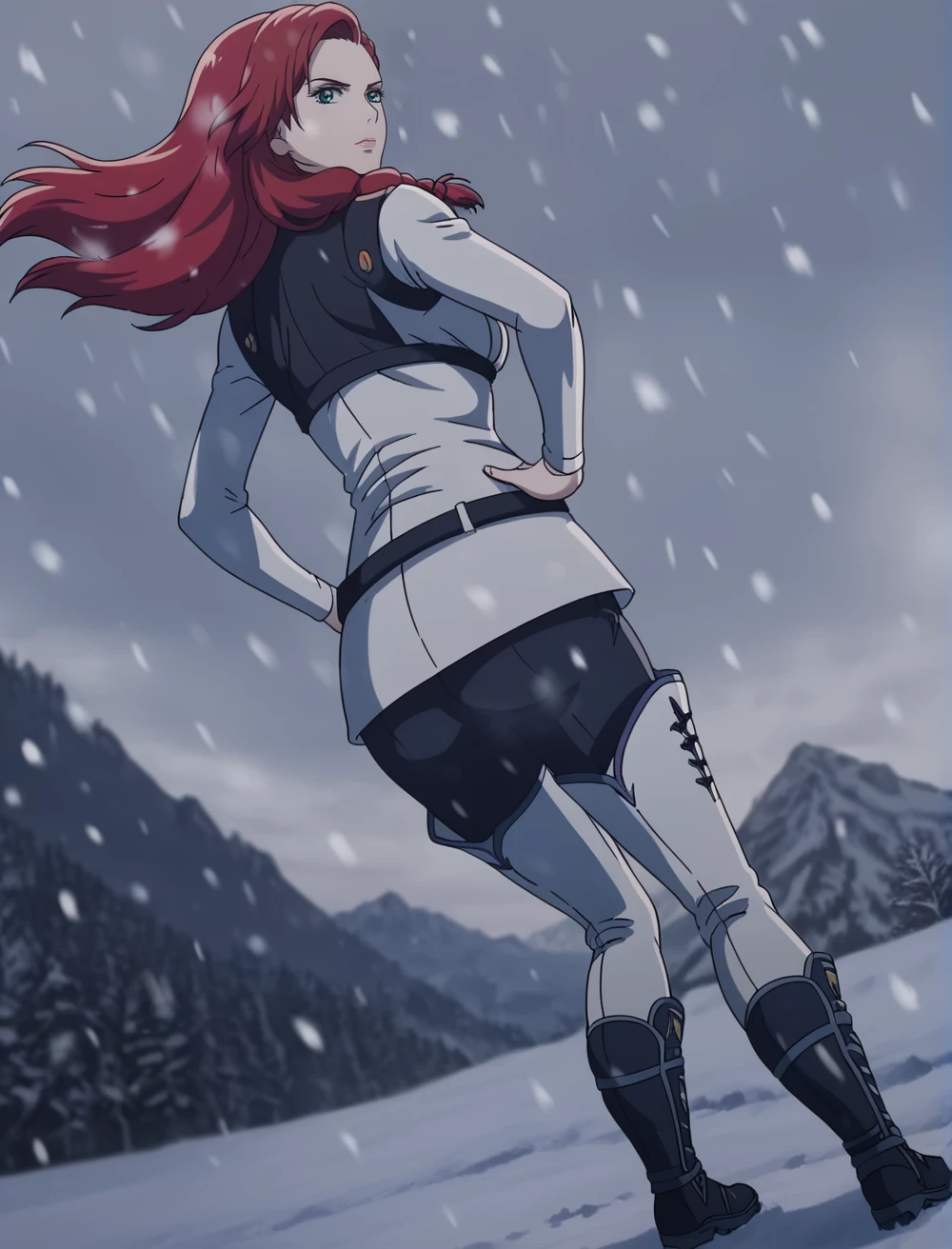 best quality, highres, HeraLOTR, solo, red hair, long hair, braid, green eyes, (uniform), black pants, belt, white thigh boots, breasts, dynamic angle, angle, outdoors, realistic background, blurry background, bokeh, looking back at viewer, head tilt, hips tilt, on snow, snowing, on snowy mountain, dark, from below, closed mouth, upset, shadows, shadow, hands on hips, <lora:HeraLOTR:0.9>