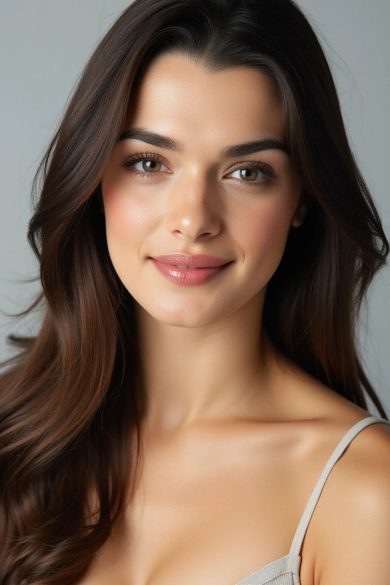 High quality realistic beauty shot of haniaaflx. A close-up shot of a woman. She is wearing a camisole blouse. Her lips are a light pink color. She has a long hair. The backdrop is a light gray. She is giving an inviting look with slight smirk