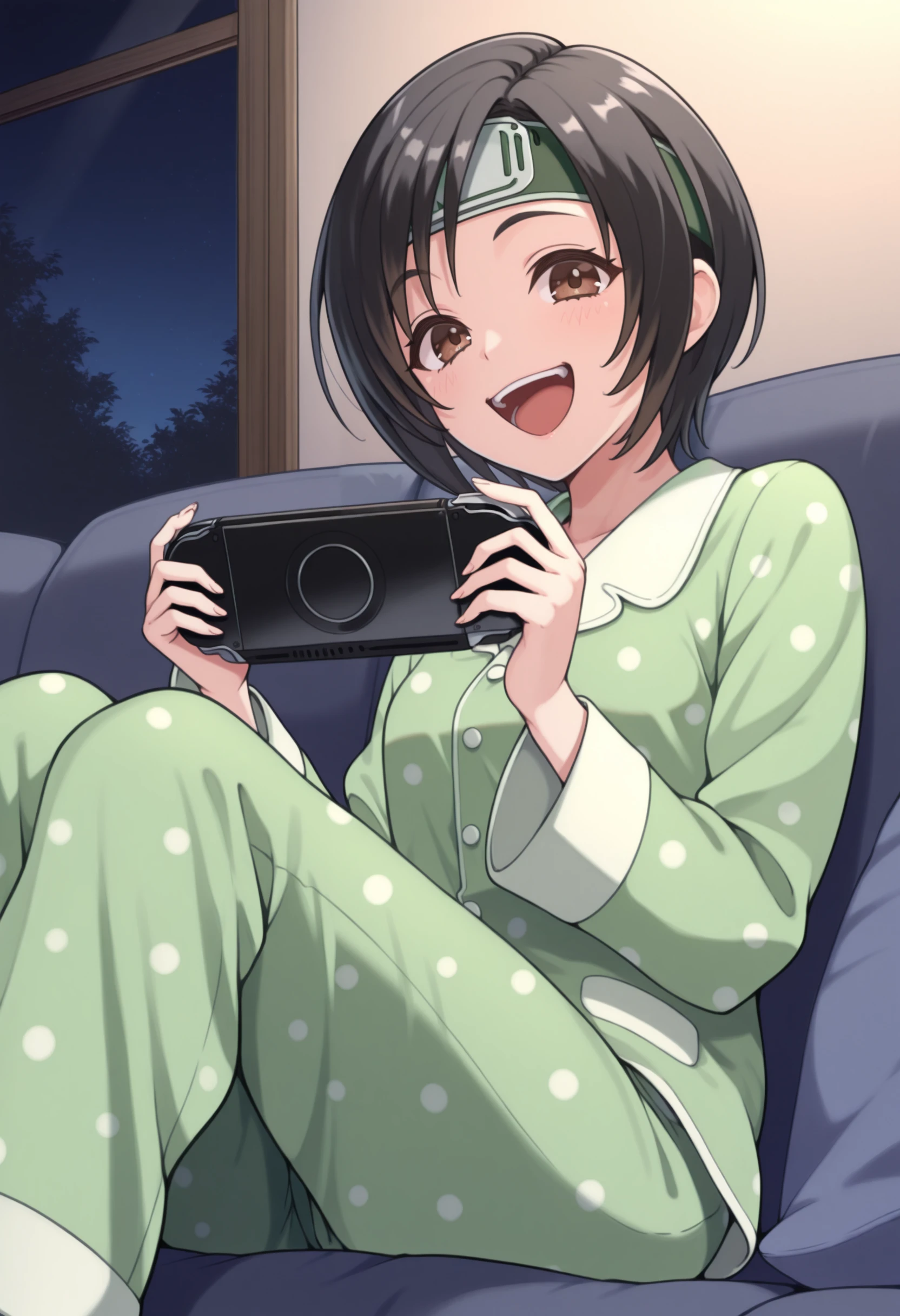 masterpiece, best quality, solo, 1girl, smile, looking at viewer, <lora:Yuffie-illus_Fp:1>,  yuff7, short hair, black hair, brown eyes, forehead protector, green pajamas, polka dot pajamas, green pants, indoors, sitting, on couch, laughing, open mouth, holding handheld game console, happy, smile, playstation portable, night,