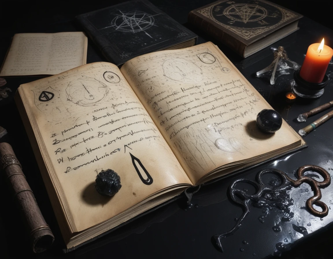 the cover of a open magic book on a black shiny wet table with occult items nearby, the pages of the book are showing hand written formulars to resurect a daemon with small drawings of how the daemon might look